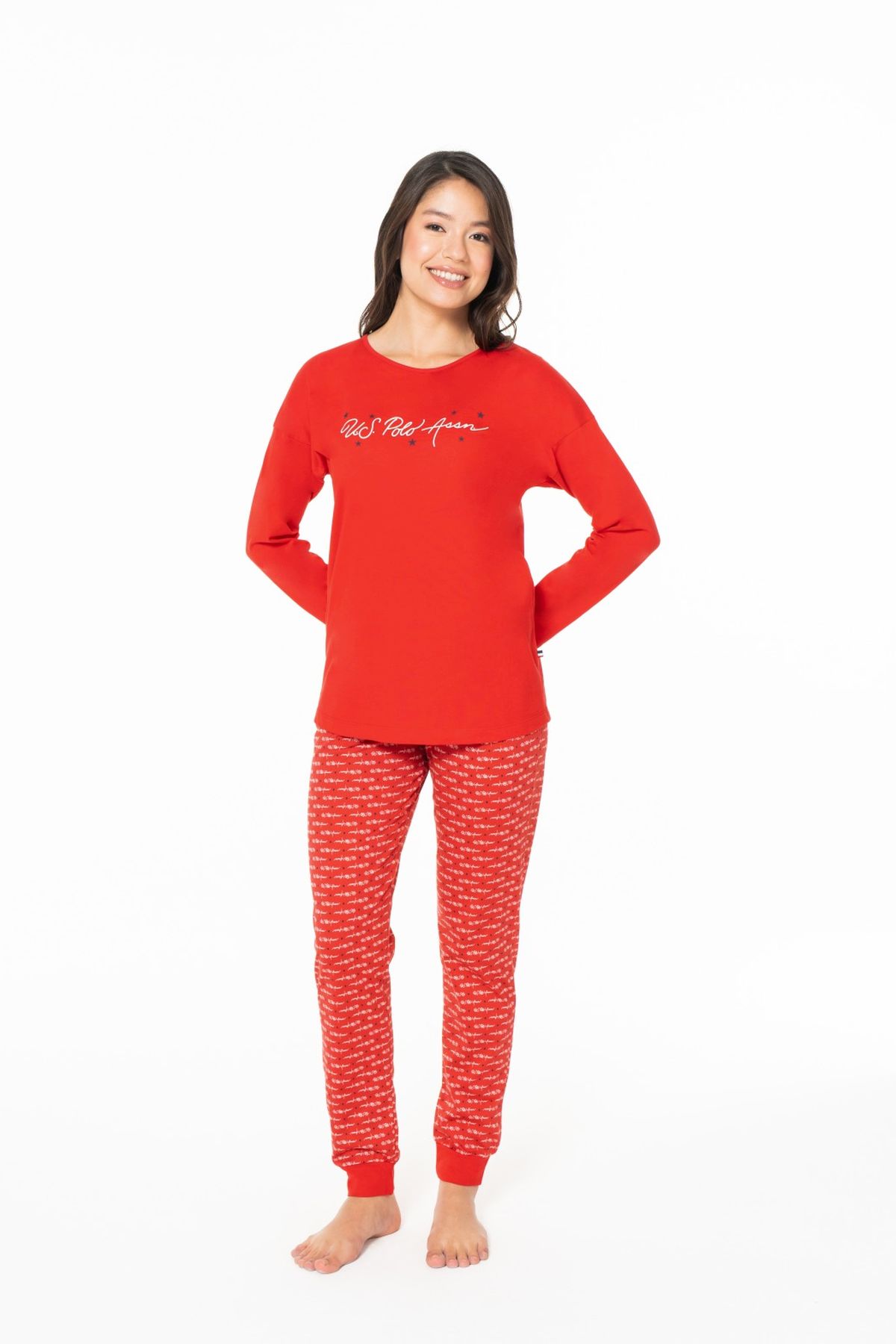 U.S. Polo Assn. 20147 Kadın Kırmızı Yuvarlak Yaka Uzun Kollu Pijama TakımıKadın Pijama TakımıU.S. Polo Assn.