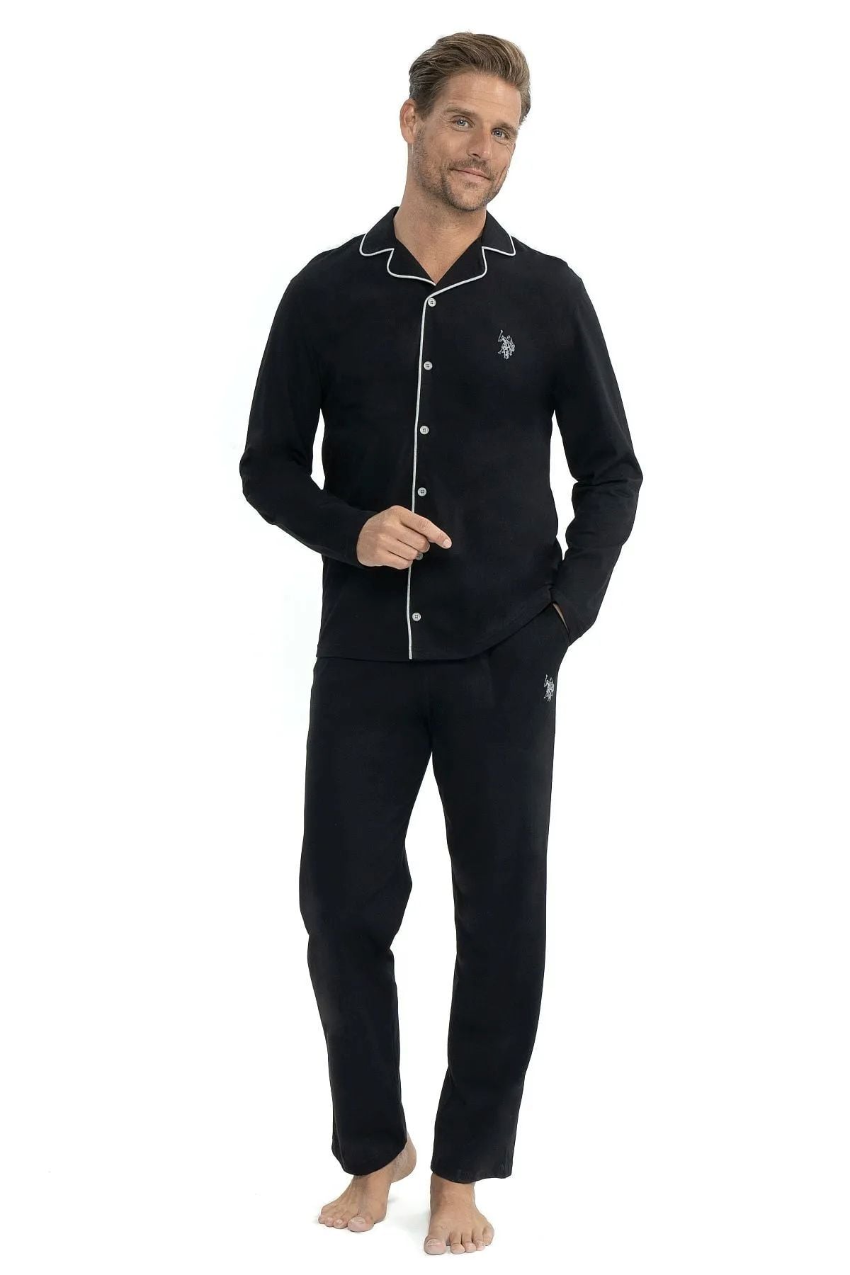 U.S. Polo Assn. 12039 Erkek Siyah Uzun Kollu Önden Düğmeli Gömlek Pijama TakımKadın Pijama TakımıU.S. Polo Assn.