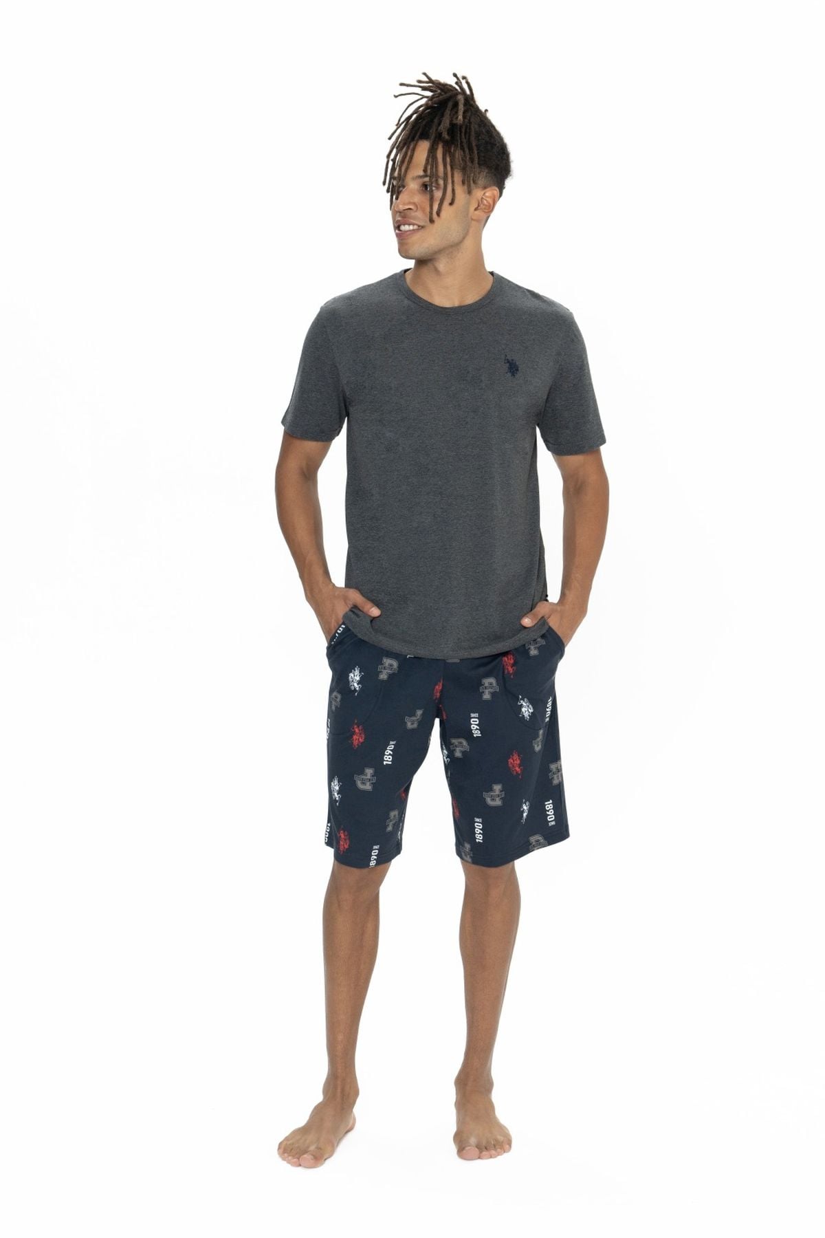 U.S. Polo Assn. 18867 Erkek Antrasıt Melanj Yarım Kollu Bisiklet Yaka Desenli Şort TakımPijama TakımıU.S. Polo Assn.