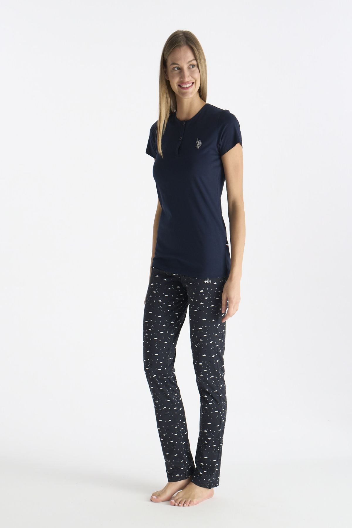 U.S. Polo Assn. 20231 Kadın Lacıvert Kısa Kollu Yarım Patlı Pijama TakımıKadın Pijama TakımıU.S. Polo Assn.
