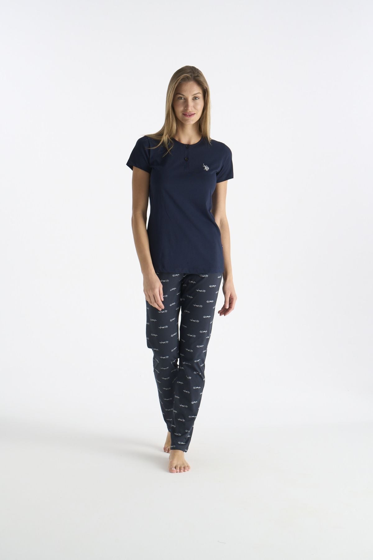 U.S. Polo Assn. 20214 Kadın Lacıvert Kısa Kollu Yarım Patlı Pijama TakımıKadın Pijama TakımıU.S. Polo Assn.