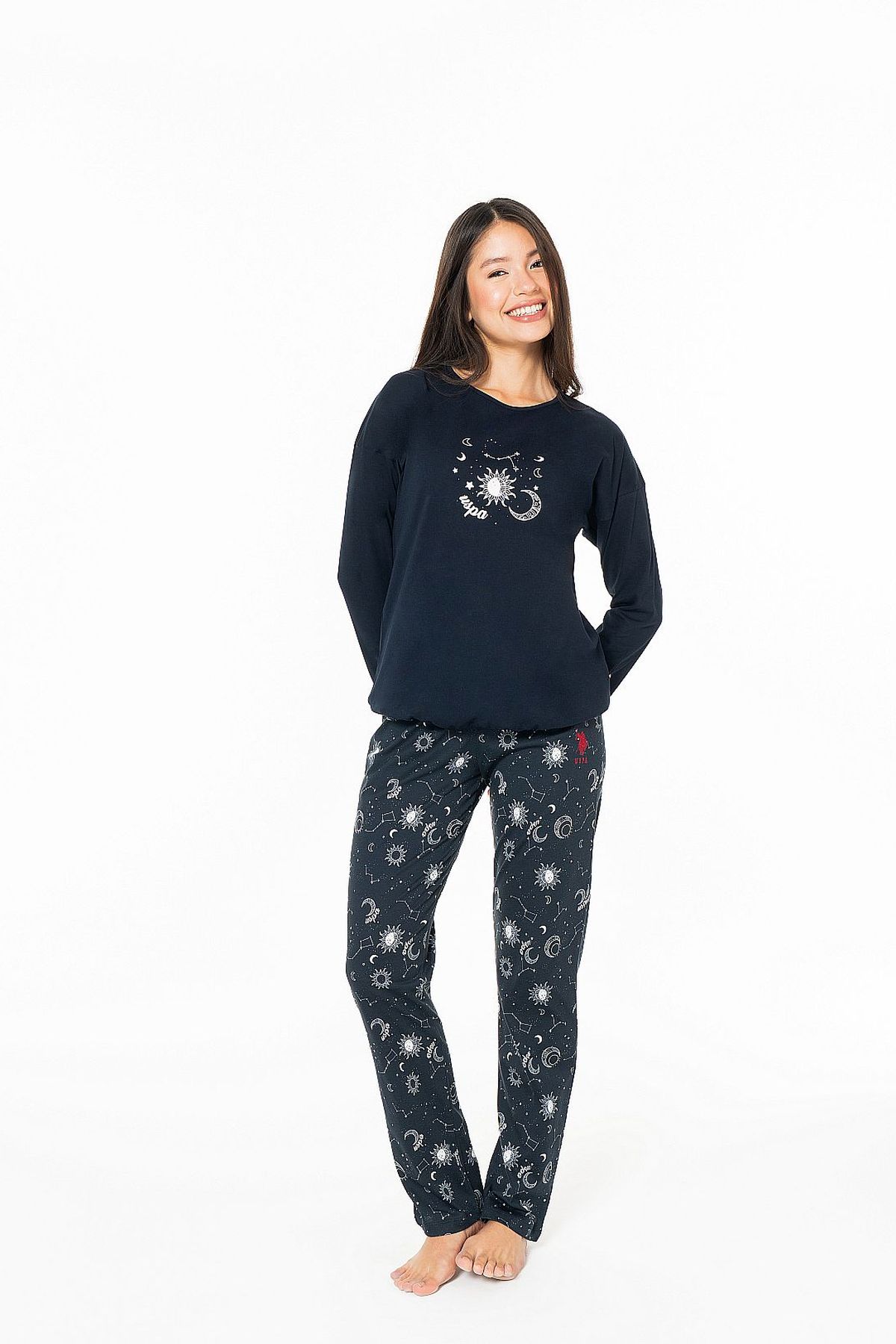 U.S. Polo Assn. 20155 Kadın Lacıvert Yuvarlak Yaka Uzun Kollu Pijama TakımıKadın Pijama TakımıU.S. Polo Assn.