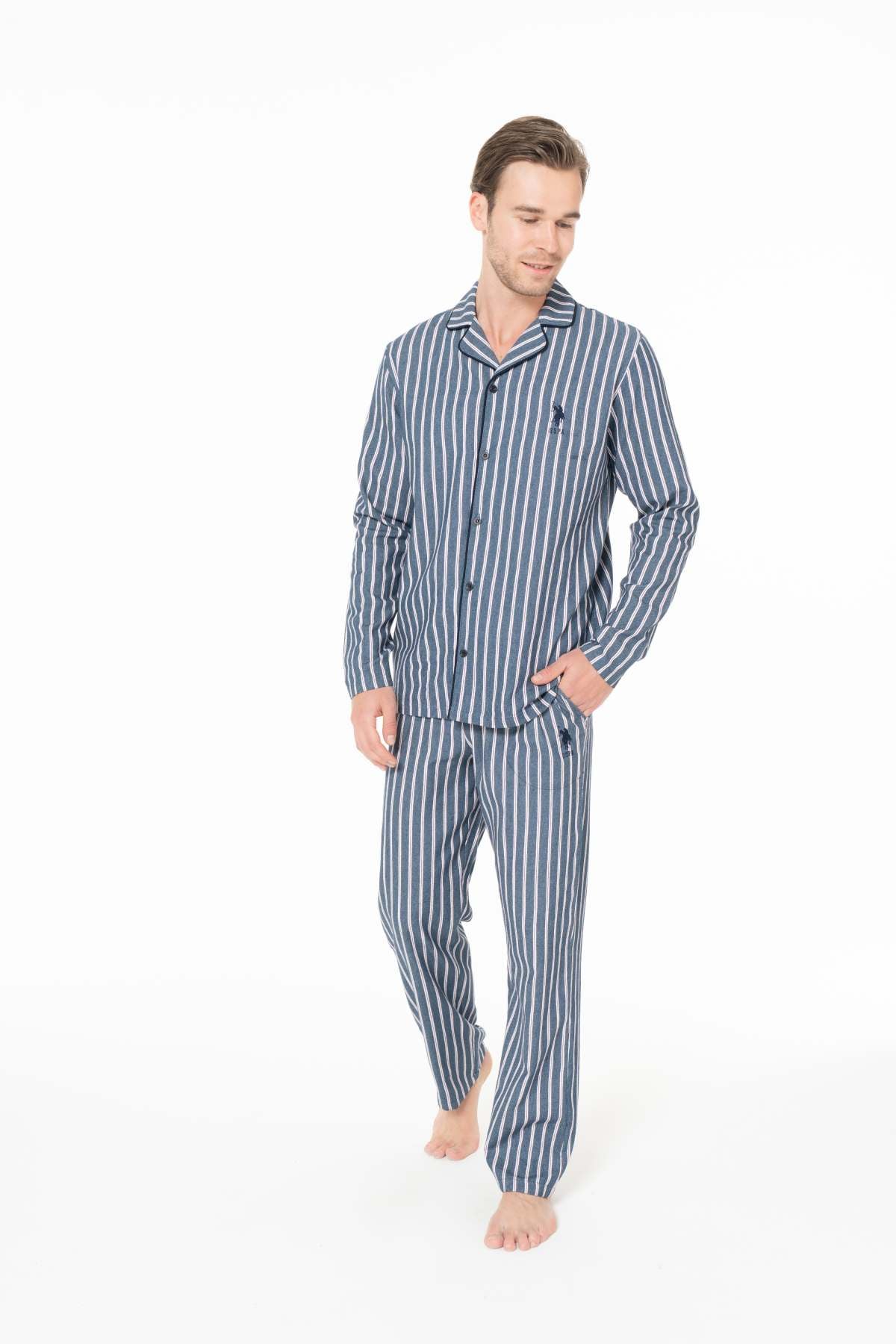 U.S. Polo Assn. 18978 Erkek Lacıvert Önden Düğme Detaylı Uzun Kollu Pijama TakımıPijama TakımıU.S. Polo Assn.