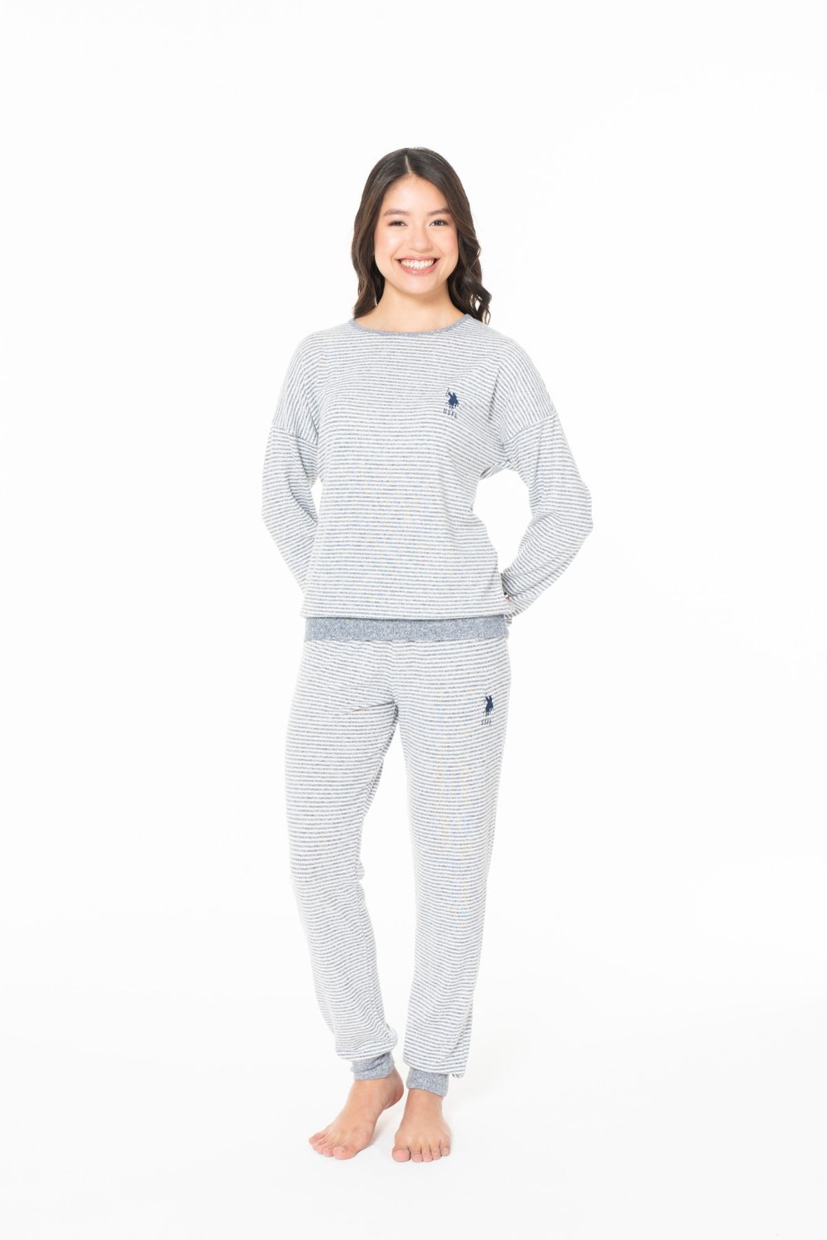 U.S. Polo Assn. 20128 Kadın Lacıvert Melanj Yuvarlak Yaka Uzun Kollu Pijama TakımıKadın Pijama TakımıU.S. Polo Assn.