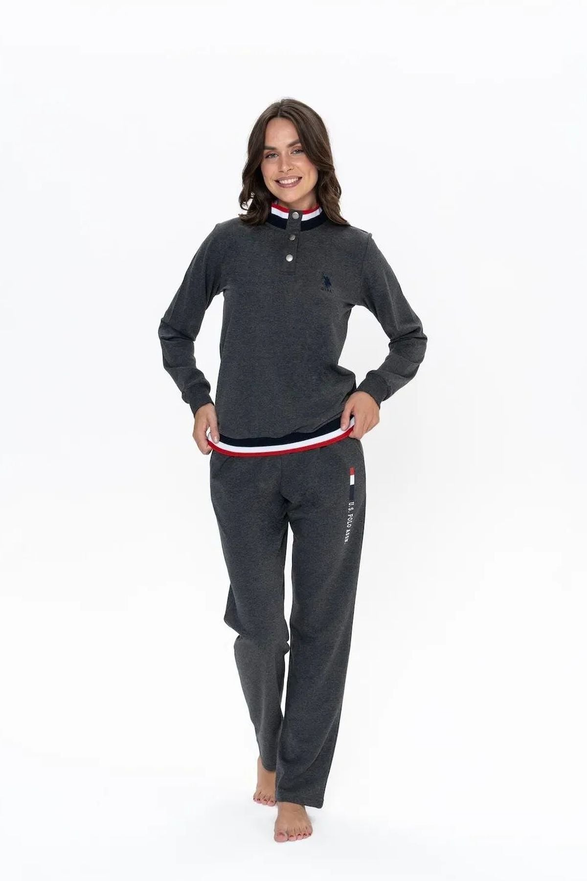 U.S. Polo Assn. 20112 Kadın Antrasıt Melanj Uzun Kollu Dik Yaka Pijama TakımıKadın Pijama TakımıU.S. Polo Assn.
