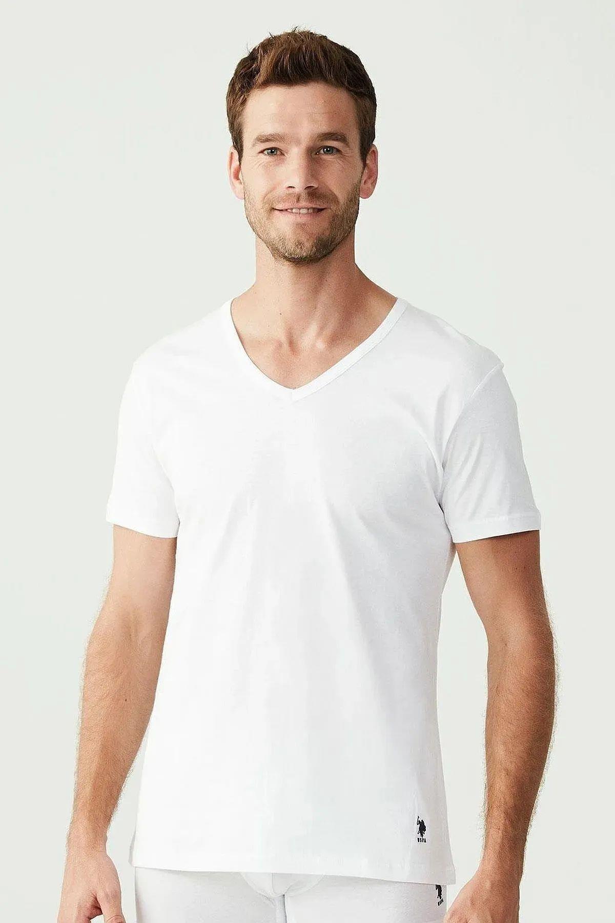 U.S. Polo Assn. 90001 Erkek Beyaz Pamuklu Battal Beden 2 Li V Yaka T-ShirtAtletU.S. Polo Assn.