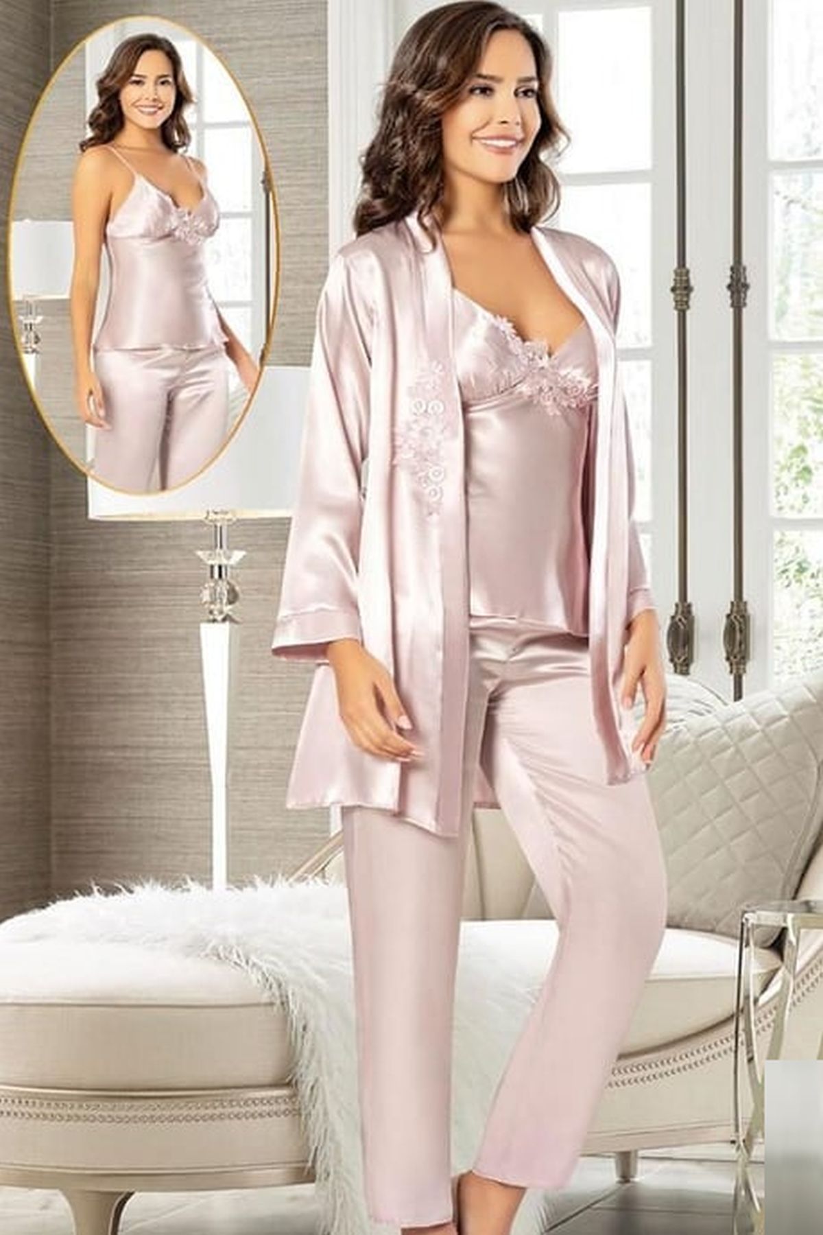 Xses 2103 Kadın Pudra Saten Sabahlıklı Pijama TakımKadın Sabahlıklı Pijama TakımıXses
