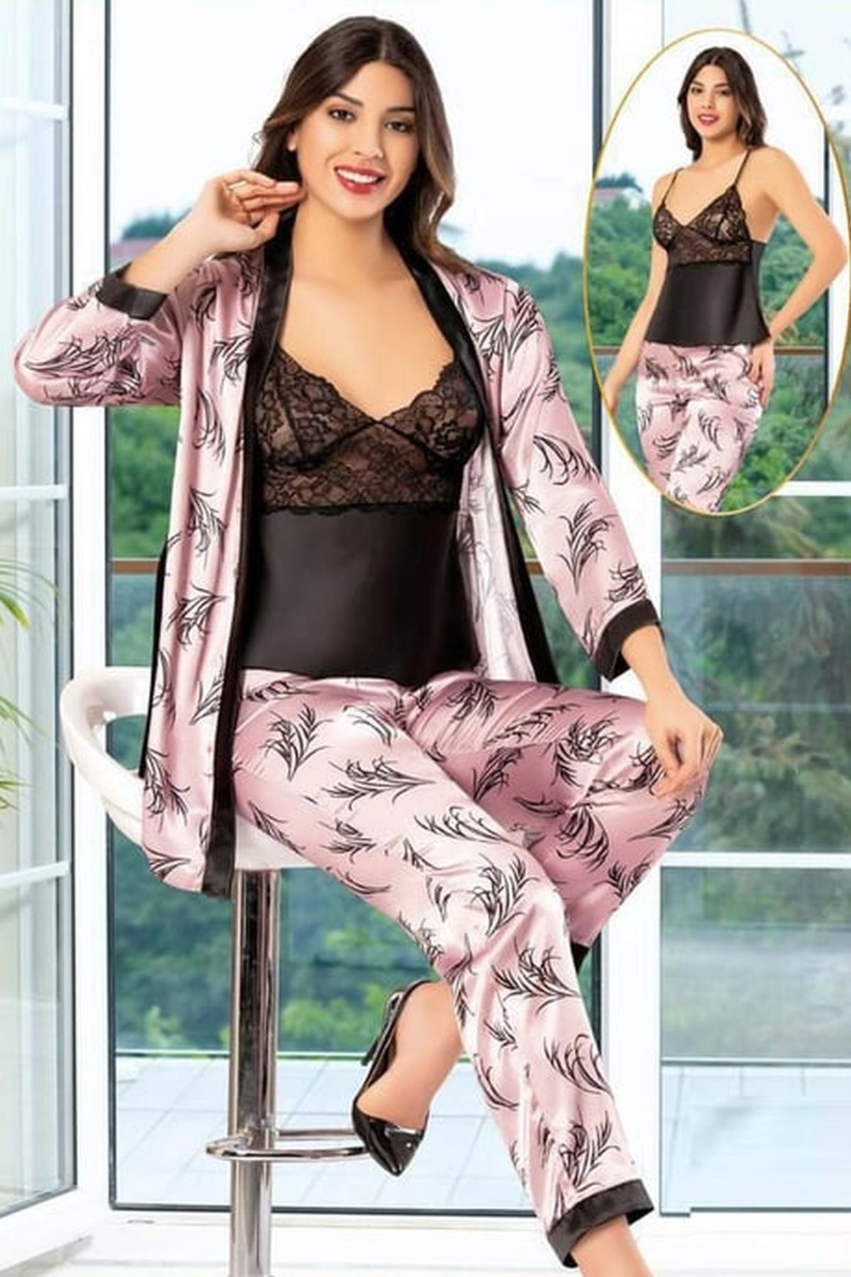 Xses 2150 Kadın Pembe Saten Empirme Sabahlıklı Pijama TakımKadın Sabahlıklı Pijama TakımıXses