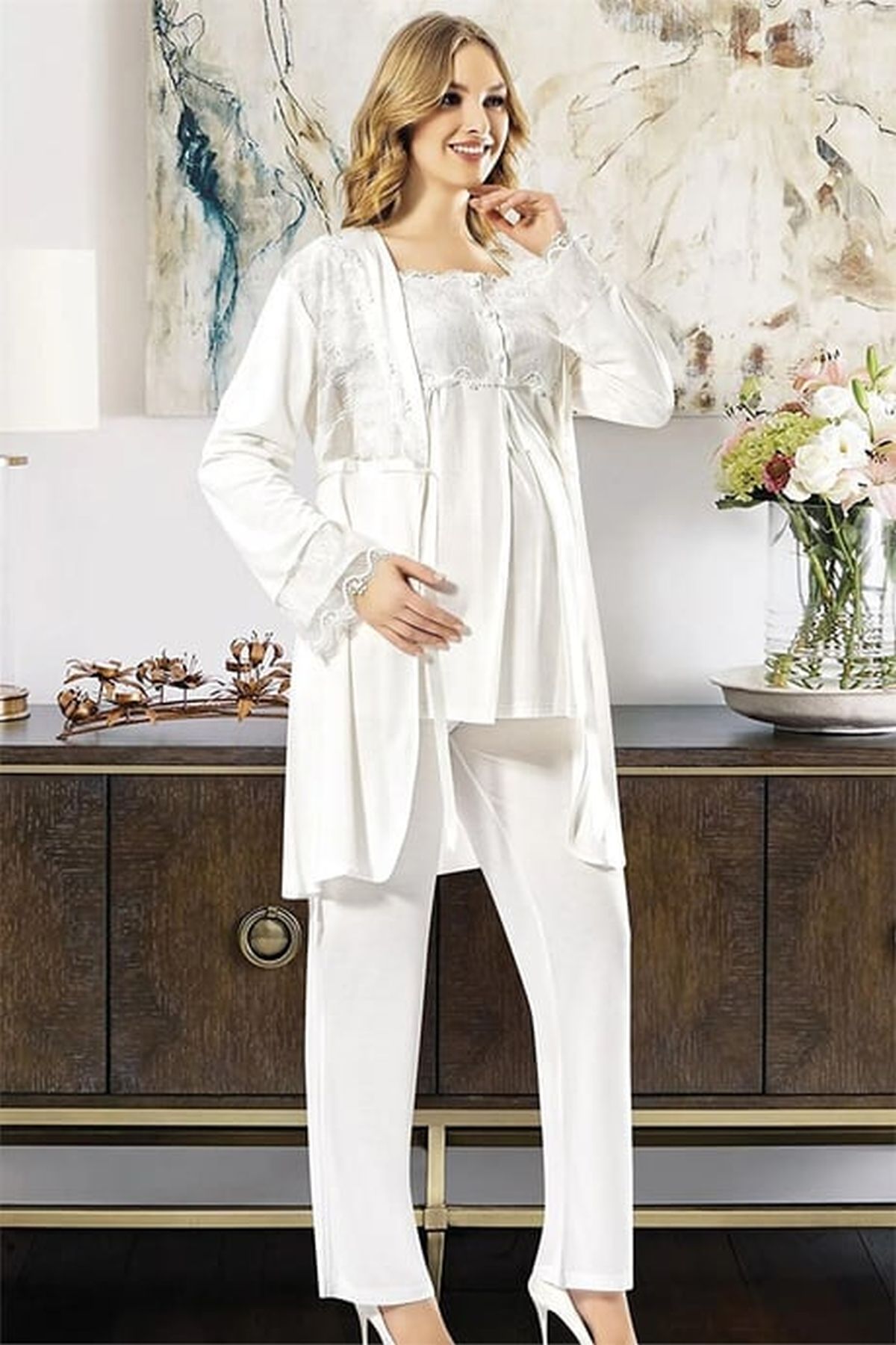 Xses 2195 Kadın Ekru Hamile Lohusa Sabahlıklı Uzun Kollu Pijama TakımSabahlıklı Lohusa Pijama TakımlarıXses