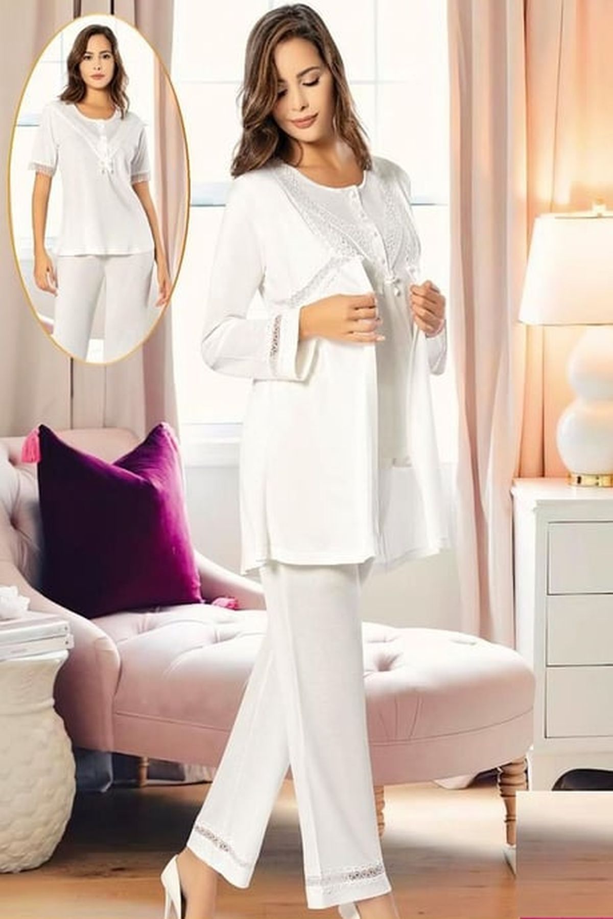 Xses 4850 Kadın Ekru Hamile Lohusa Sabahlıklı Yarım Kollu Yarım Patlı Pijama TakımSabahlıklı Lohusa Pijama TakımlarıXses