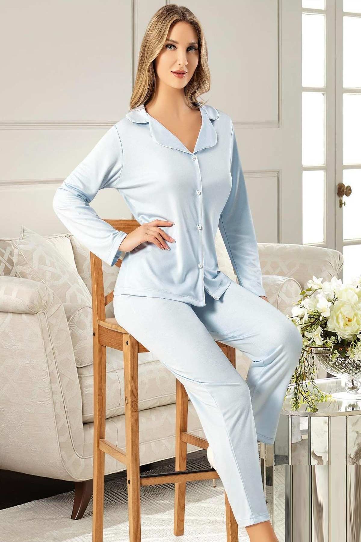 Xses 5010 Kadın Mavı Uzun Kollu Önden Düğmeli Gömlek Yaka Pijama TakımıKadın Pijama TakımıXses