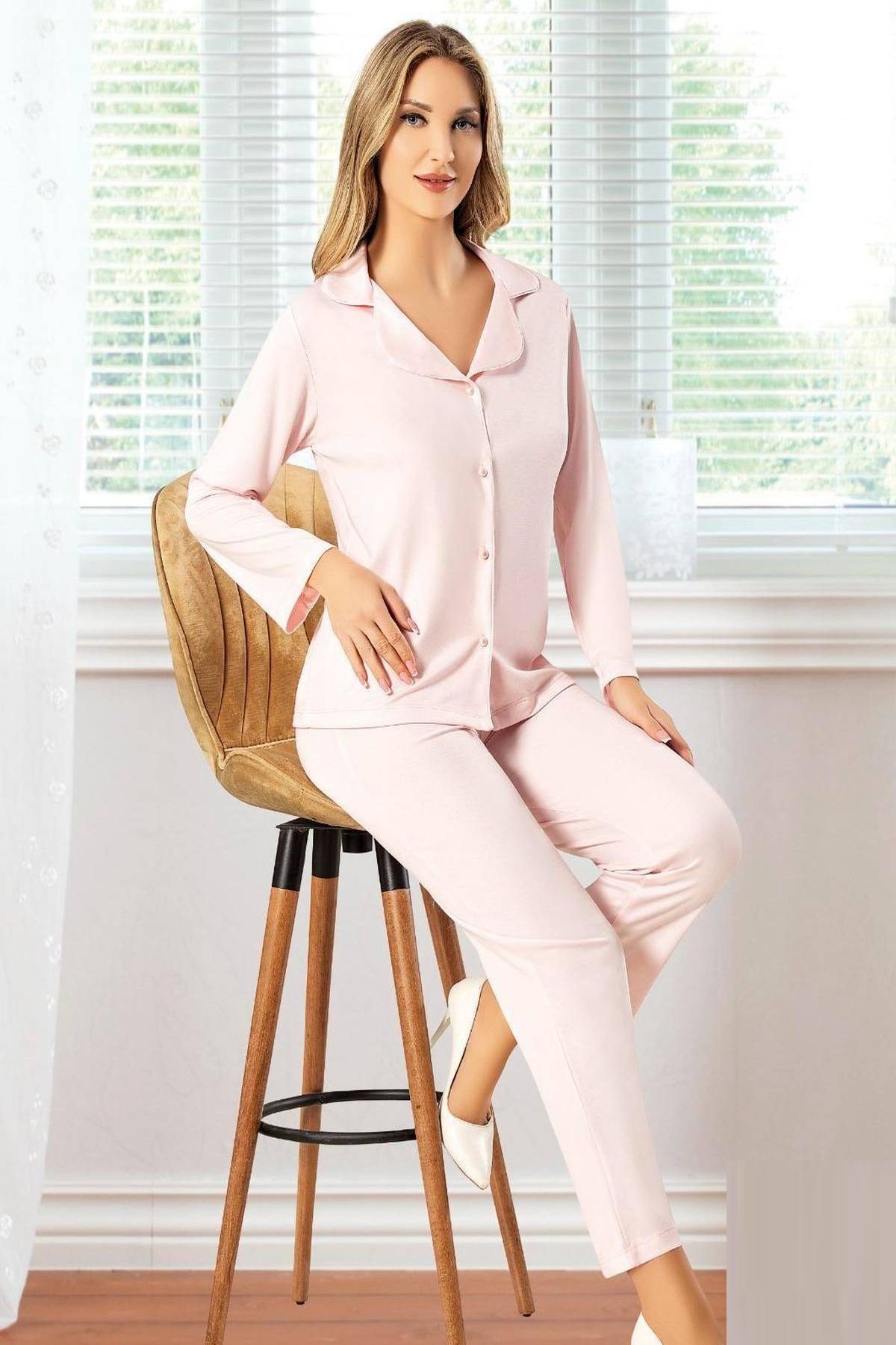 Xses 5010 Kadın Pudra Uzun Kollu Önden Düğmeli Gömlek Yaka Pijama TakımıKadın Pijama TakımıXses
