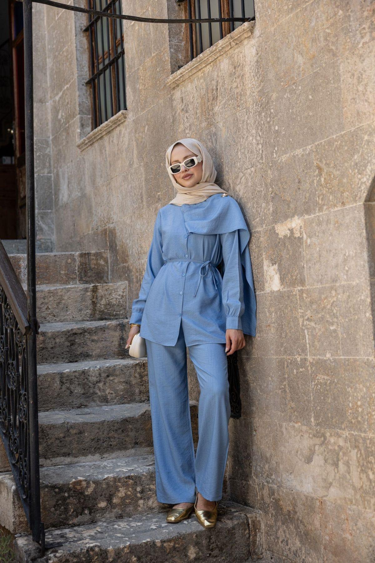  Havva Şal Detaylı Elbise Mavi, Fiyatları Havva Şal Detaylı Elbise Mavi- Haza Moda