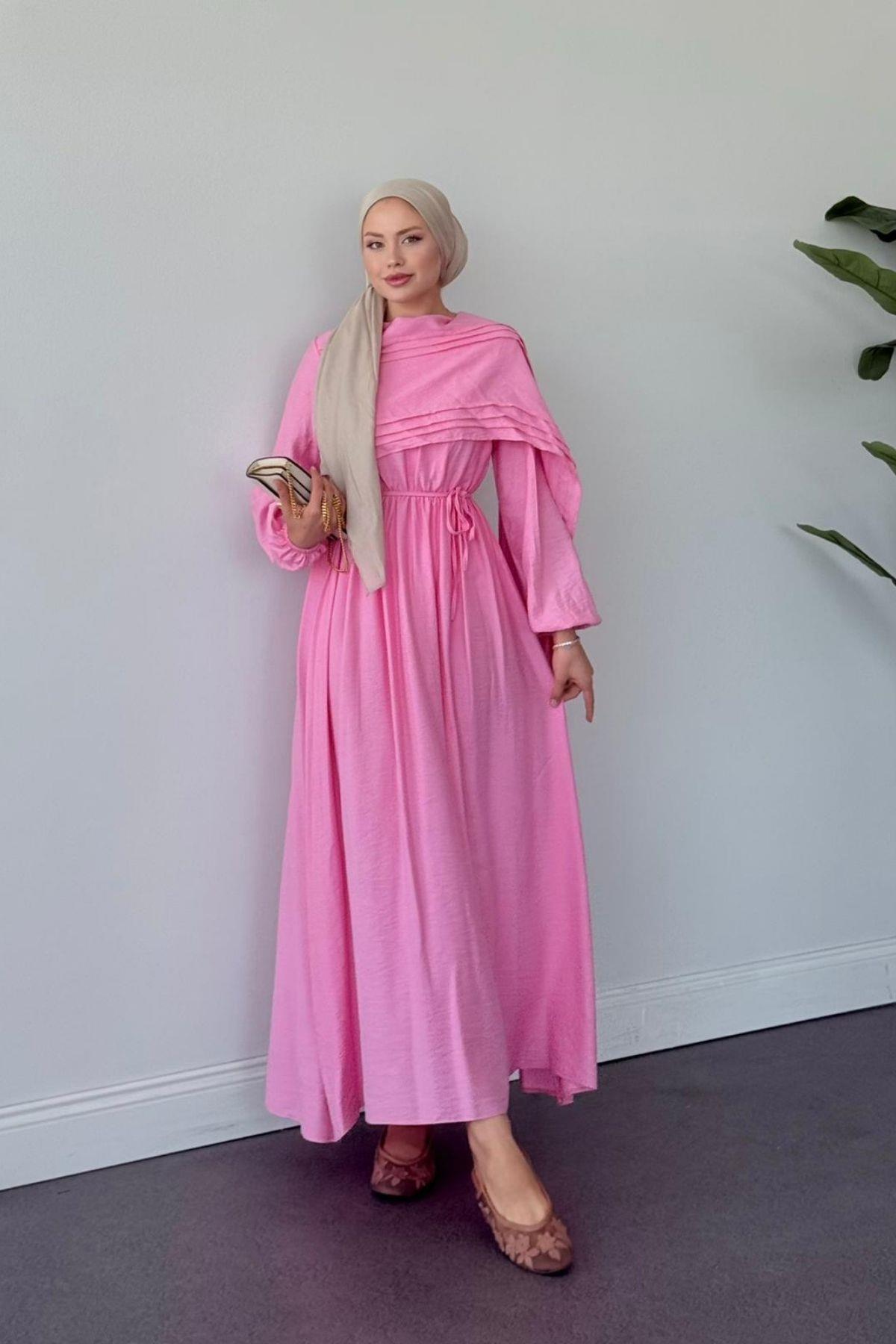  Havva Şal Detaylı Elbise Pembe, Fiyatları Havva Şal Detaylı Elbise Pembe- Haza Moda