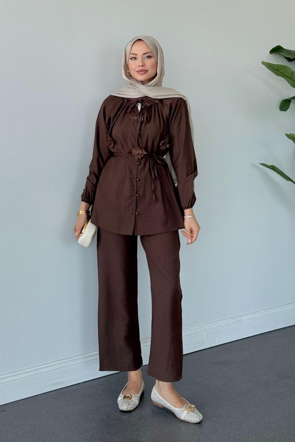  Sedef Pantolonlu Takım Kahve, Fiyatları  Sedef Pantolonlu Takım Kahve- Haza Moda
