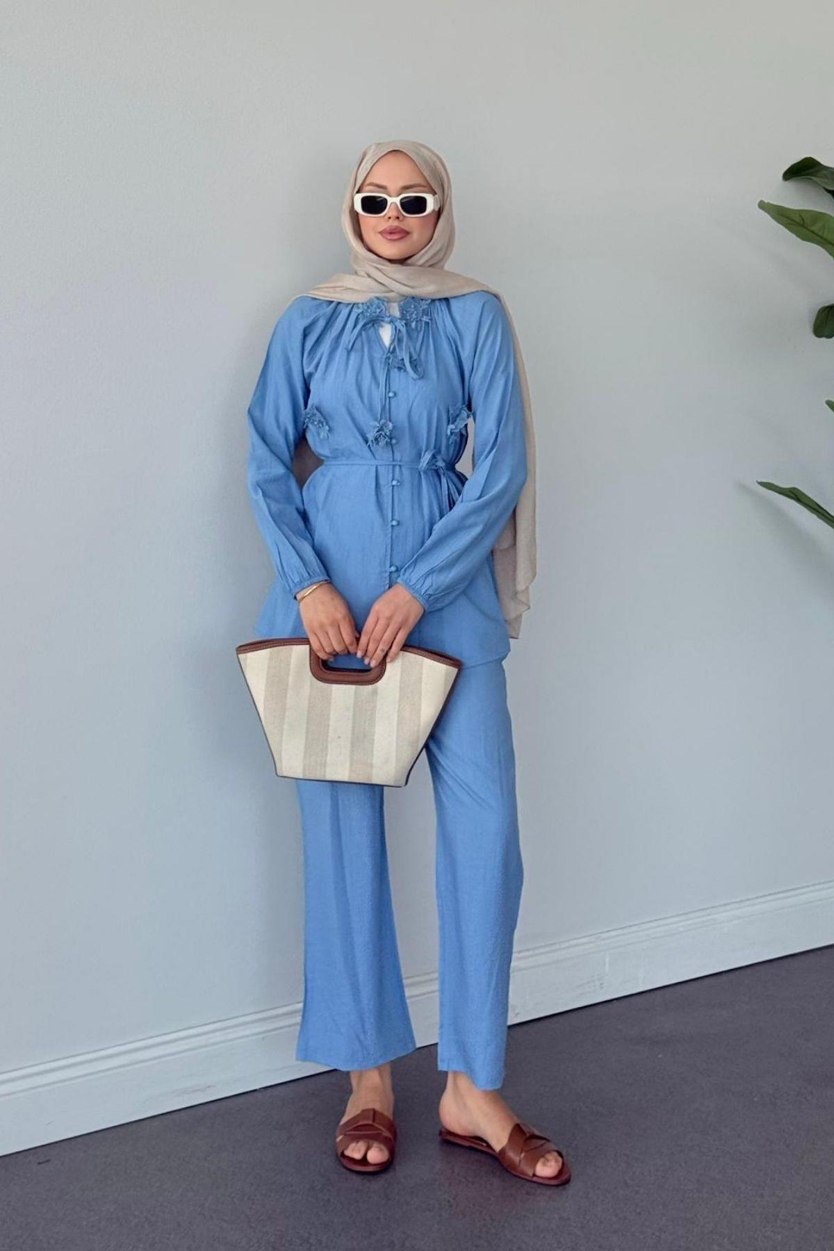  Sedef Pantolonlu Takım Mavi, Fiyatları  Sedef Pantolonlu Takım Mavi- Haza Moda