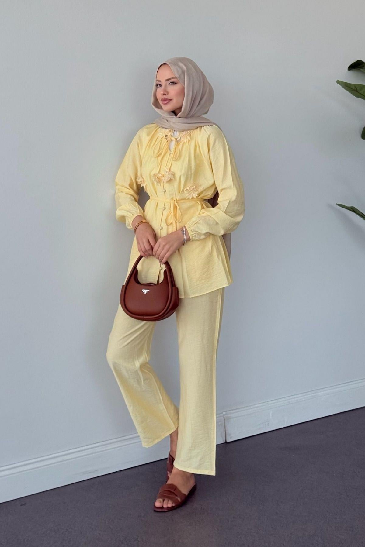  Sedef Pantolonlu Takım Sarı, Fiyatları  Sedef Pantolonlu Takım Sarı- Haza Moda