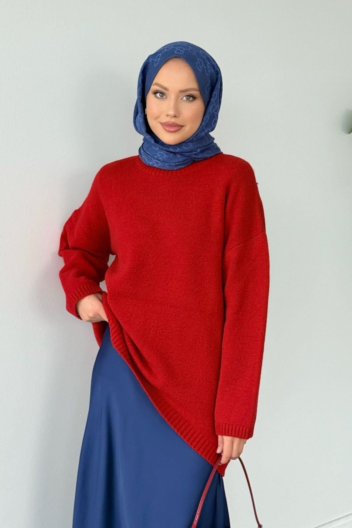  Sezin Ön Oval Kazak Kırmızı, Fiyatları  Sezin Ön Oval Kazak Kırmızı - Haza Moda 