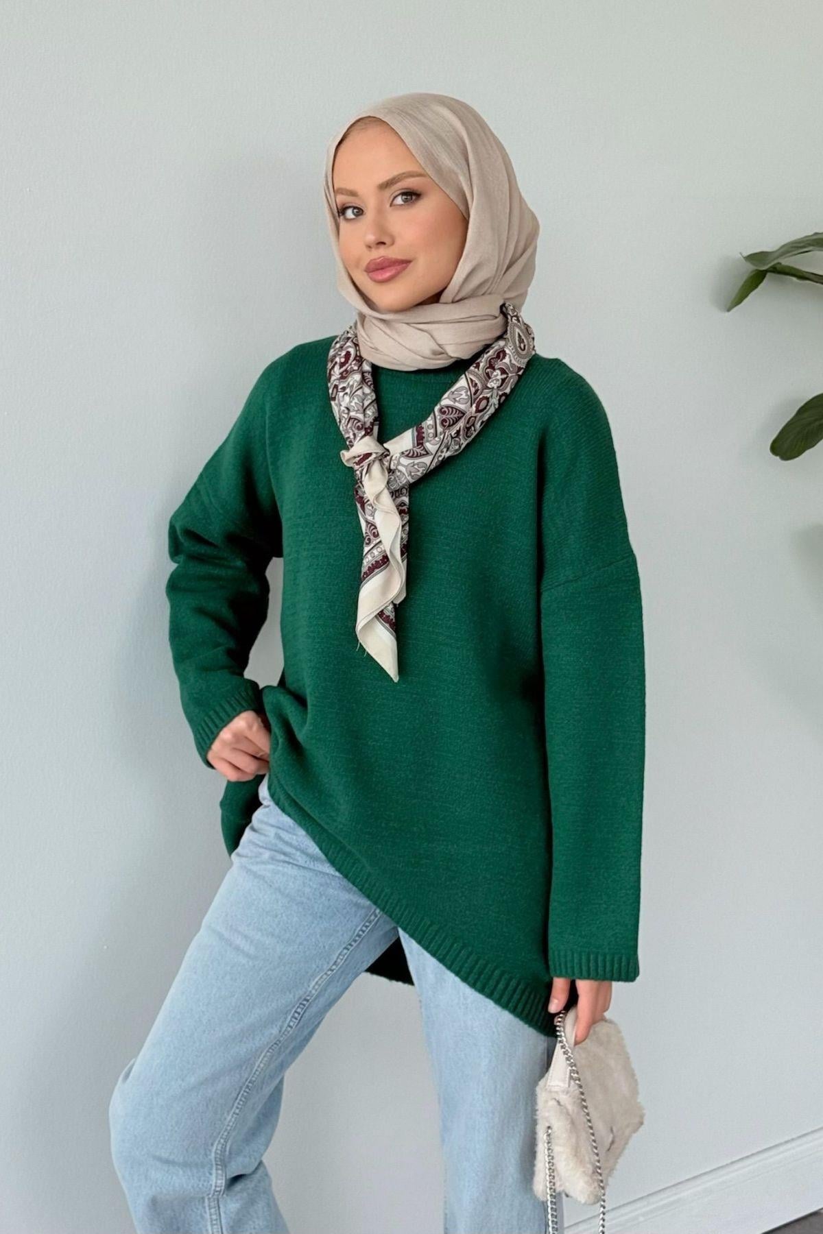  Sezin Ön Oval Kazak Yeşil, Fiyatları  Sezin Ön Oval Kazak Yeşil  - Haza Moda 