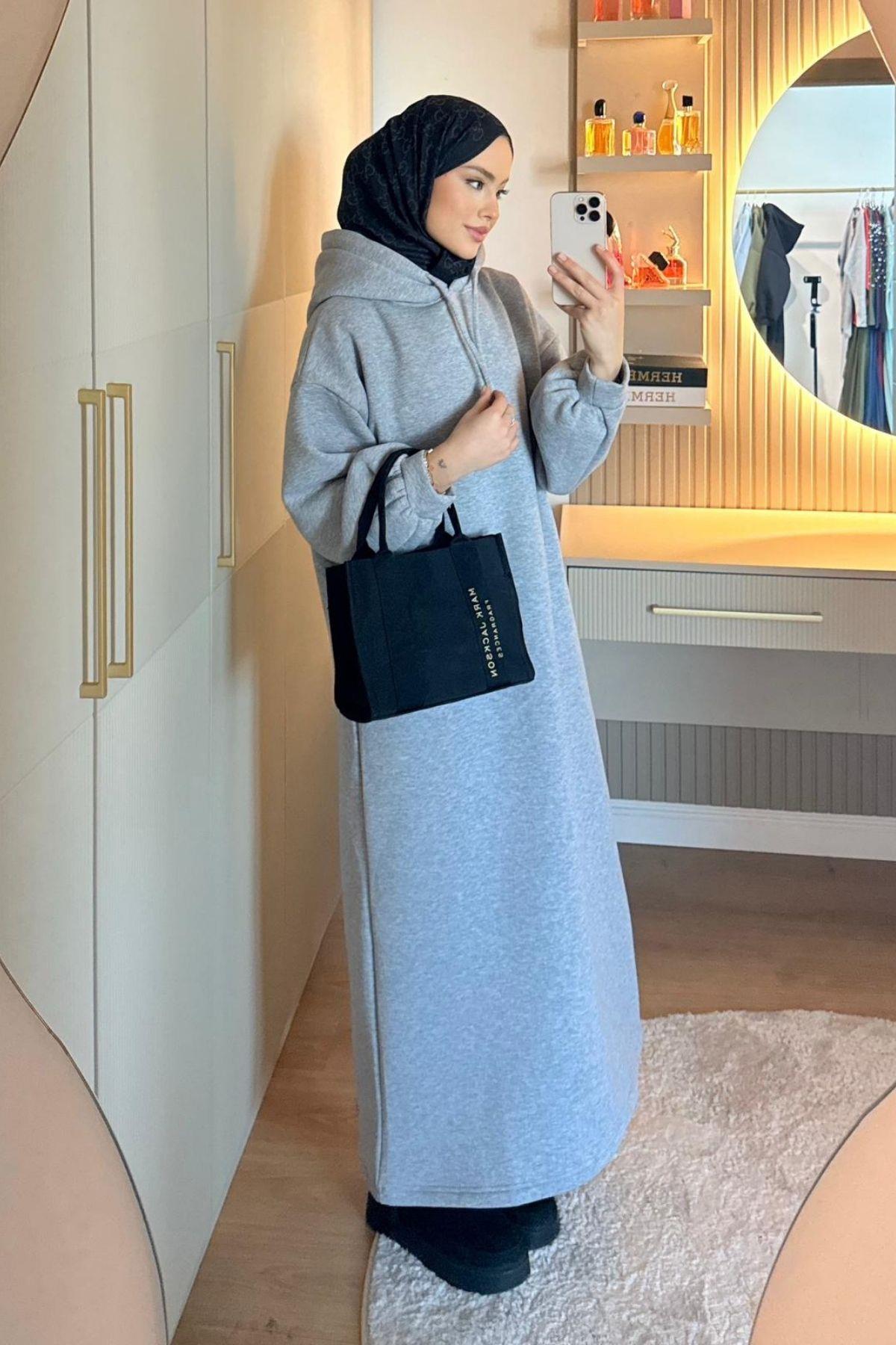Ada Kapşonlu Elbise Gri, Fiyatları Ada Kapşonlu Elbise Gri | Haza Moda