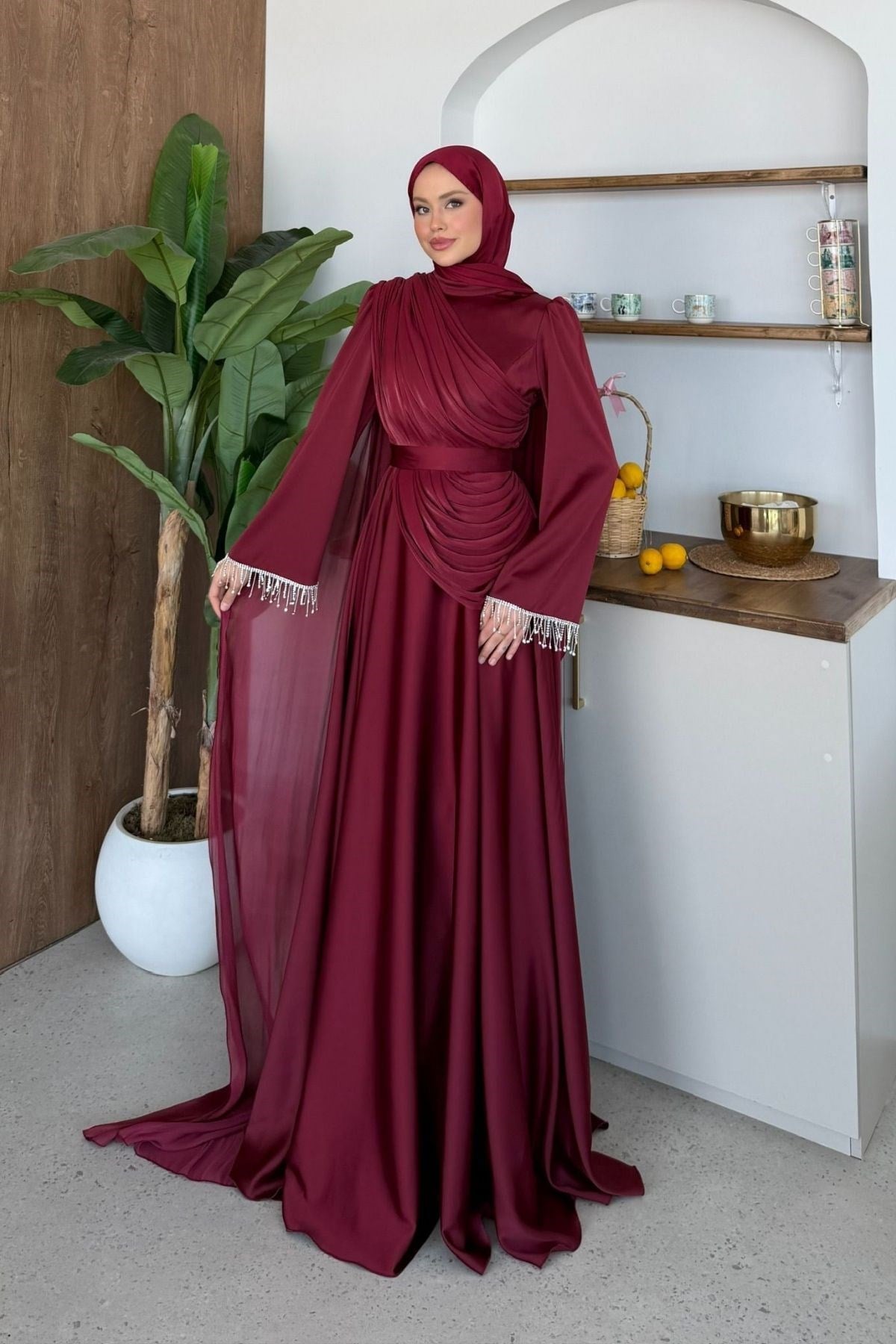 Alara Kol Detaylı Abiye Bordo, Fiyatları 