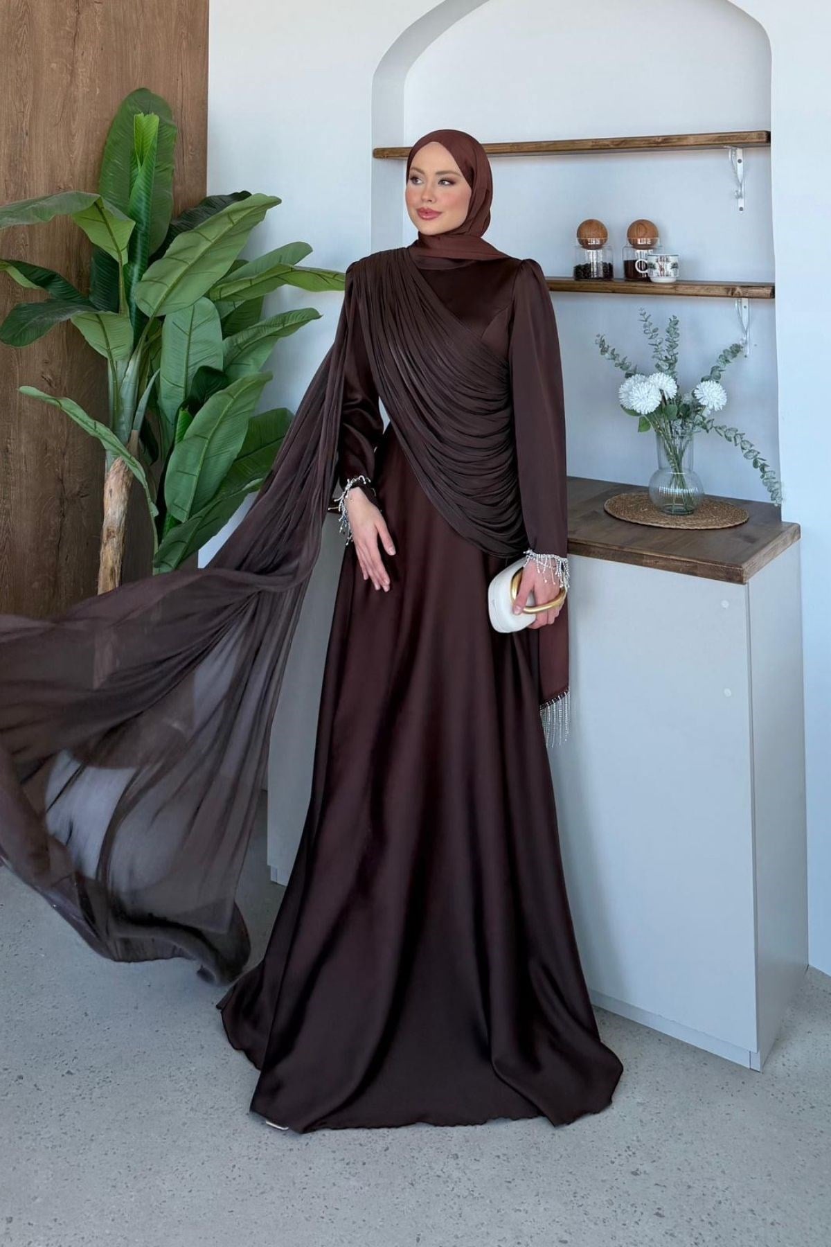 Alara Kol Detaylı Abiye Kahve, Fiyatları Alara Kol Detaylı Abiye Kahve| Haza Moda