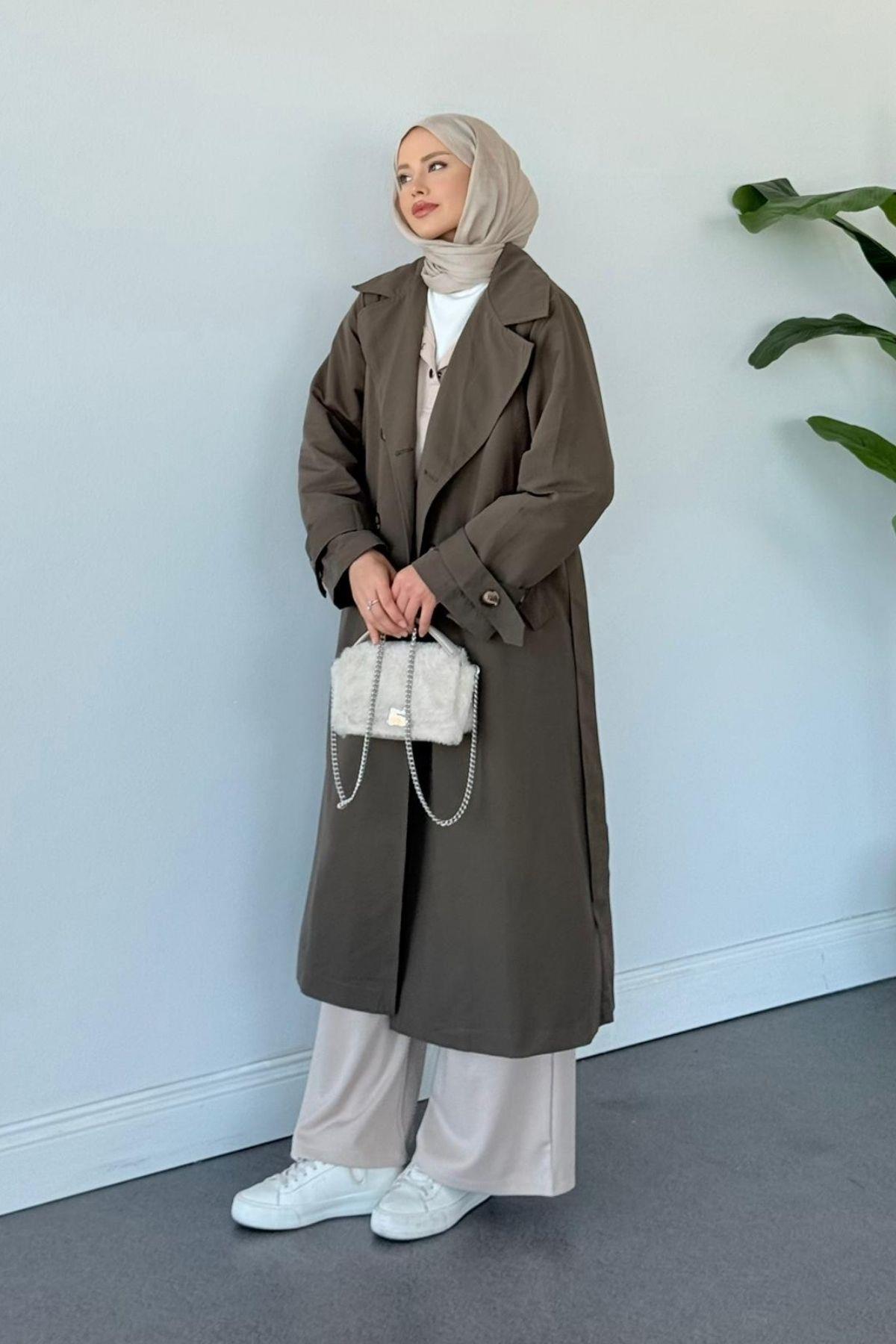 Arka Pile Detaylı Trençkot Haki, Fiyatları Arka Pile Detaylı Trençkot Haki - Haza Moda 