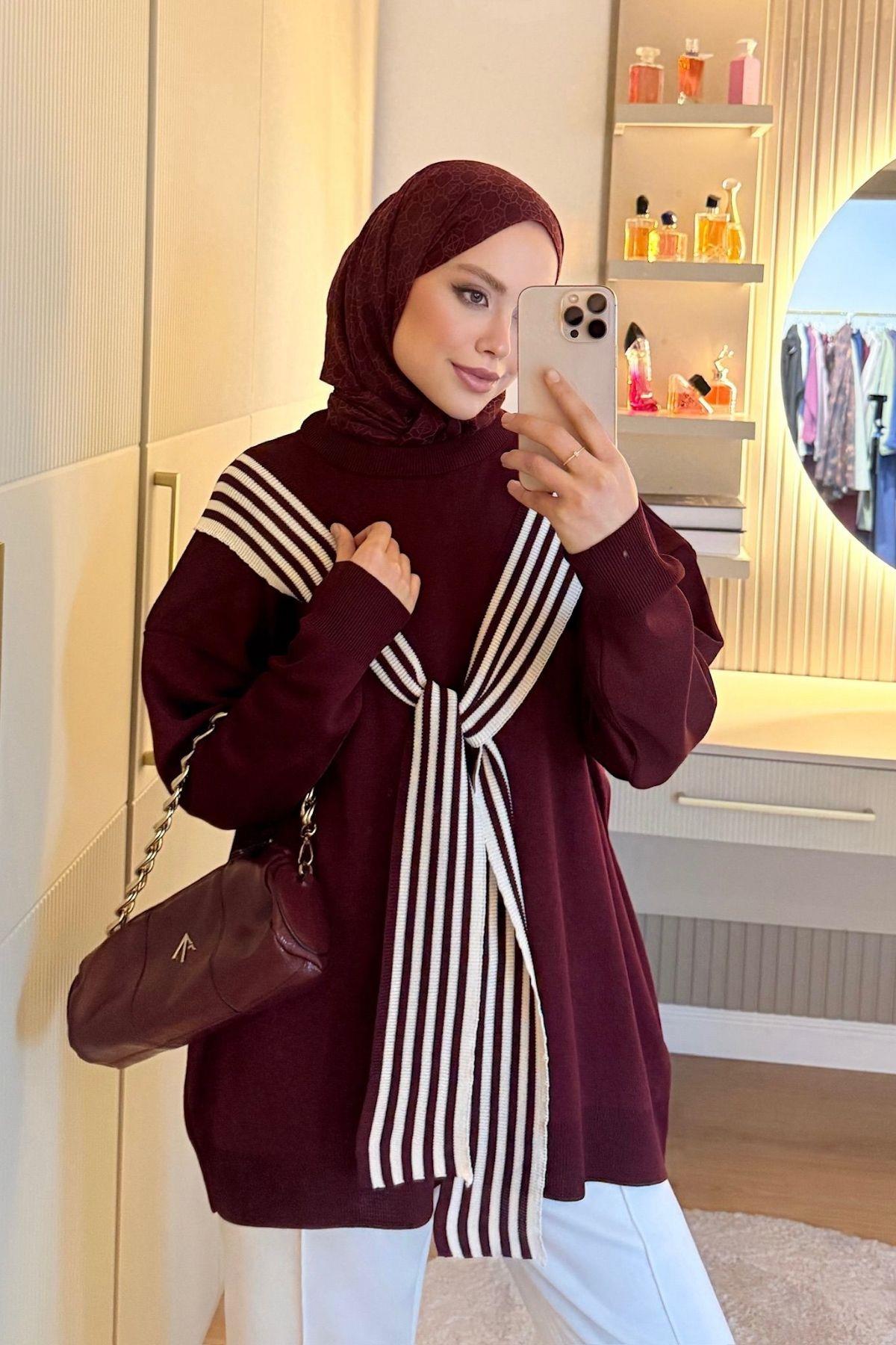 Atkı Detaylı Salaş Tunik Bordo, Fiyatları 