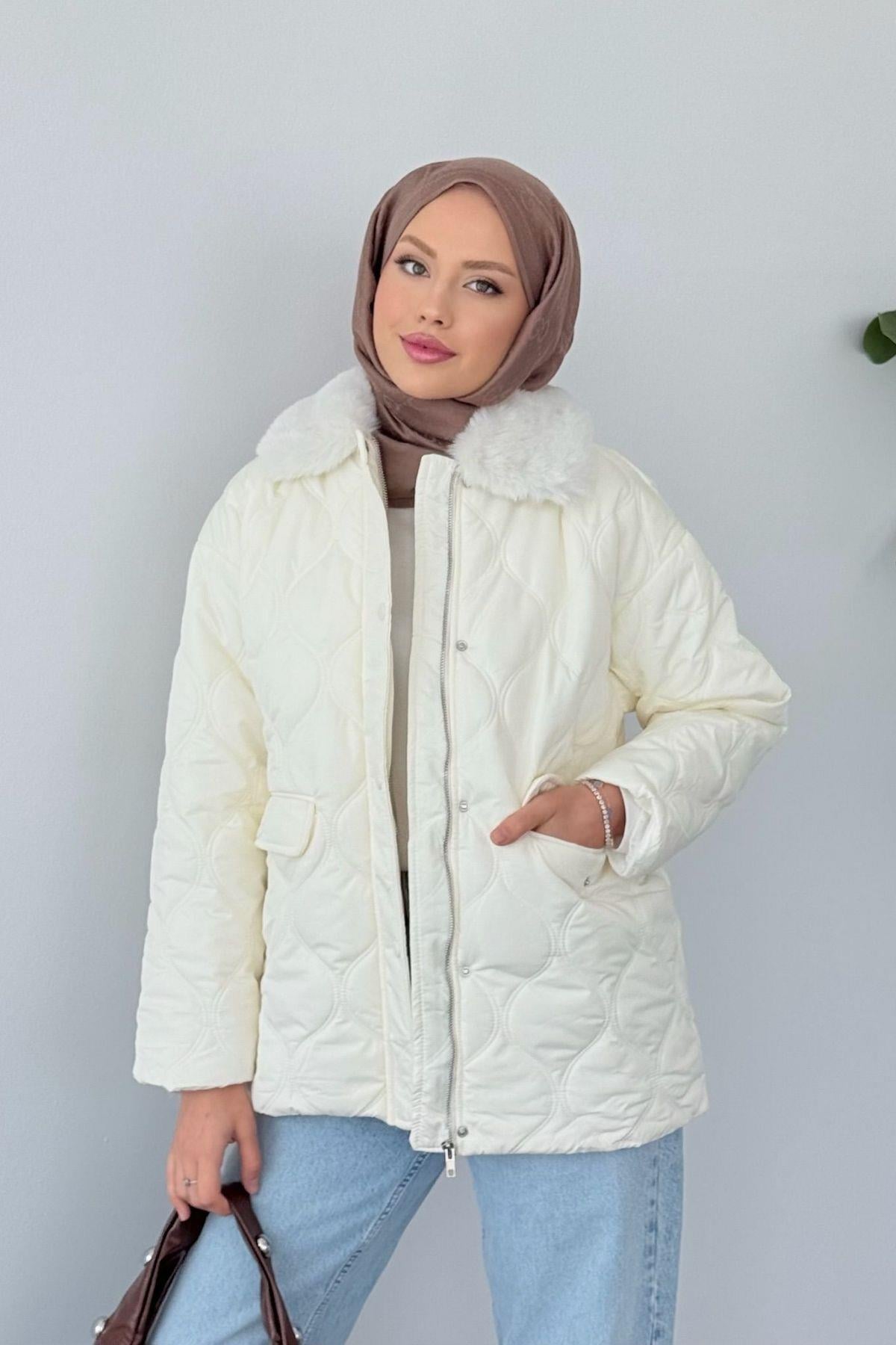 Azem Kürk Detaylı Mont Ekru, Fiyatları Azem Kürk Detaylı Mont Ekru- Haza Moda 
