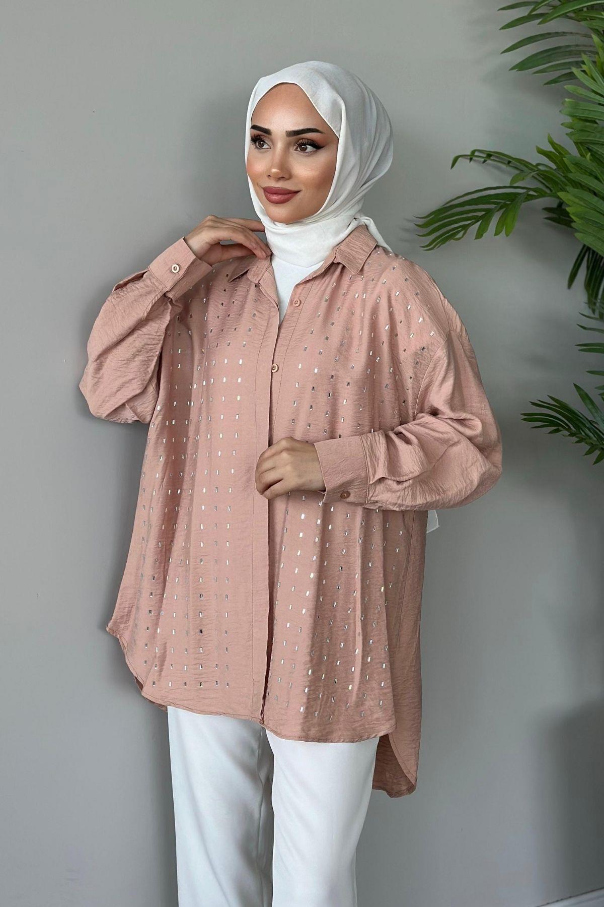 Baget Taşlı Tunik Vizon, Fiyatları Haza Moda | Tesettür Giyim | Baget Taşlı Tunik Vizon