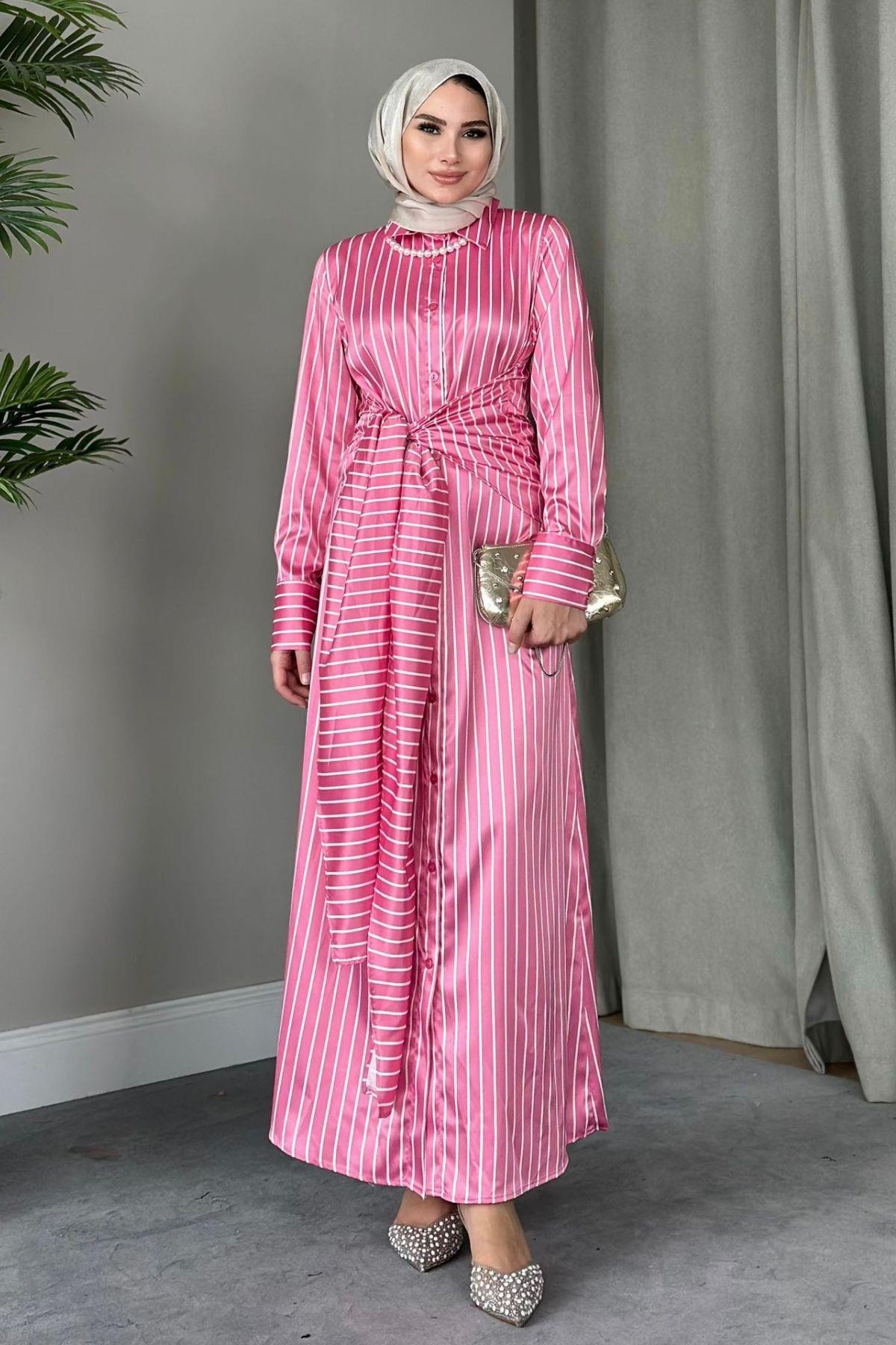 Bağlamalı Saten Elbise Pembe, Fiyatları 