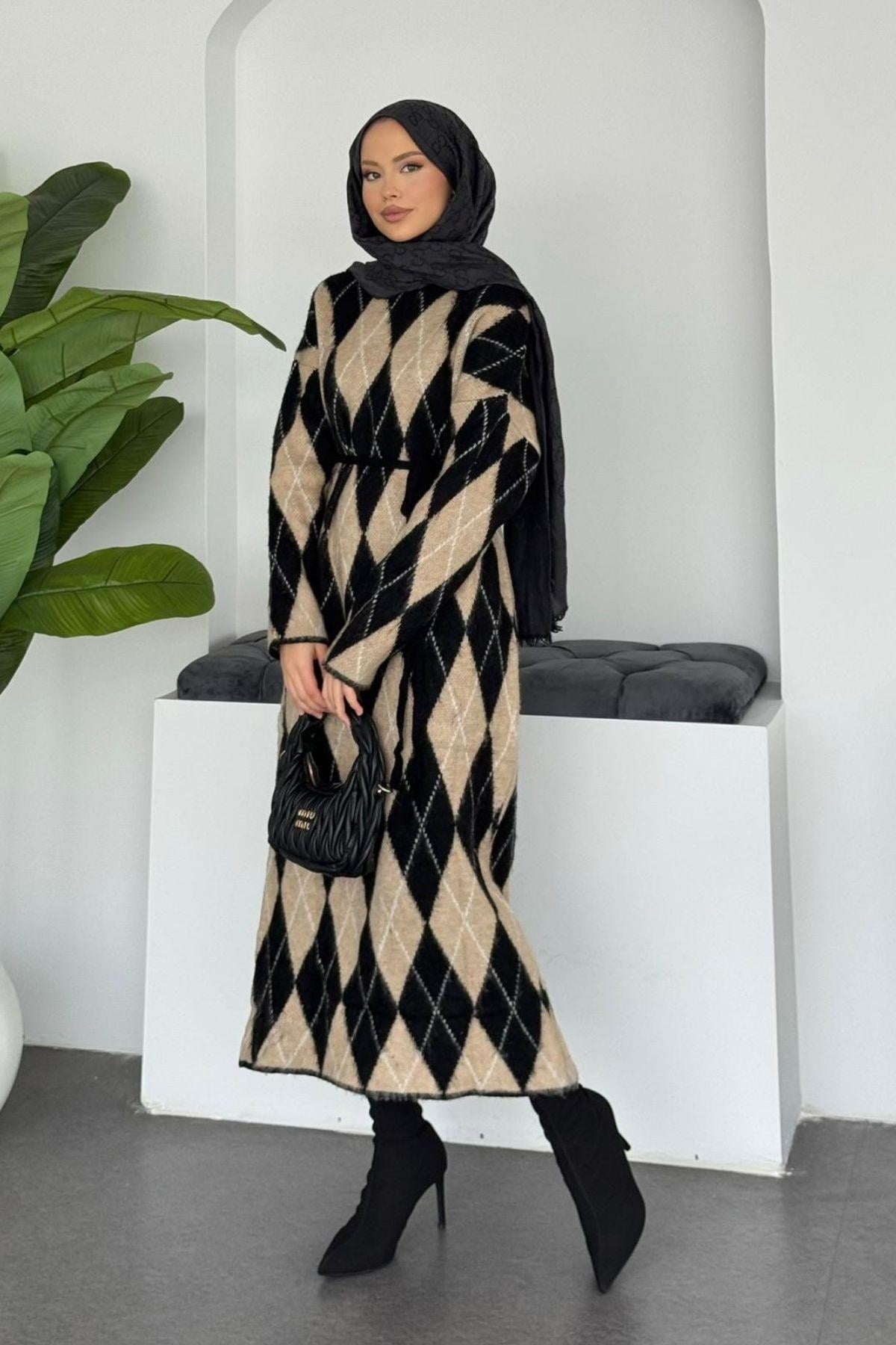 Baklava Desenli Triko Elbise Siyah, Fiyatları Baklava Desenli Triko Elbise Siyah- Haza Moda