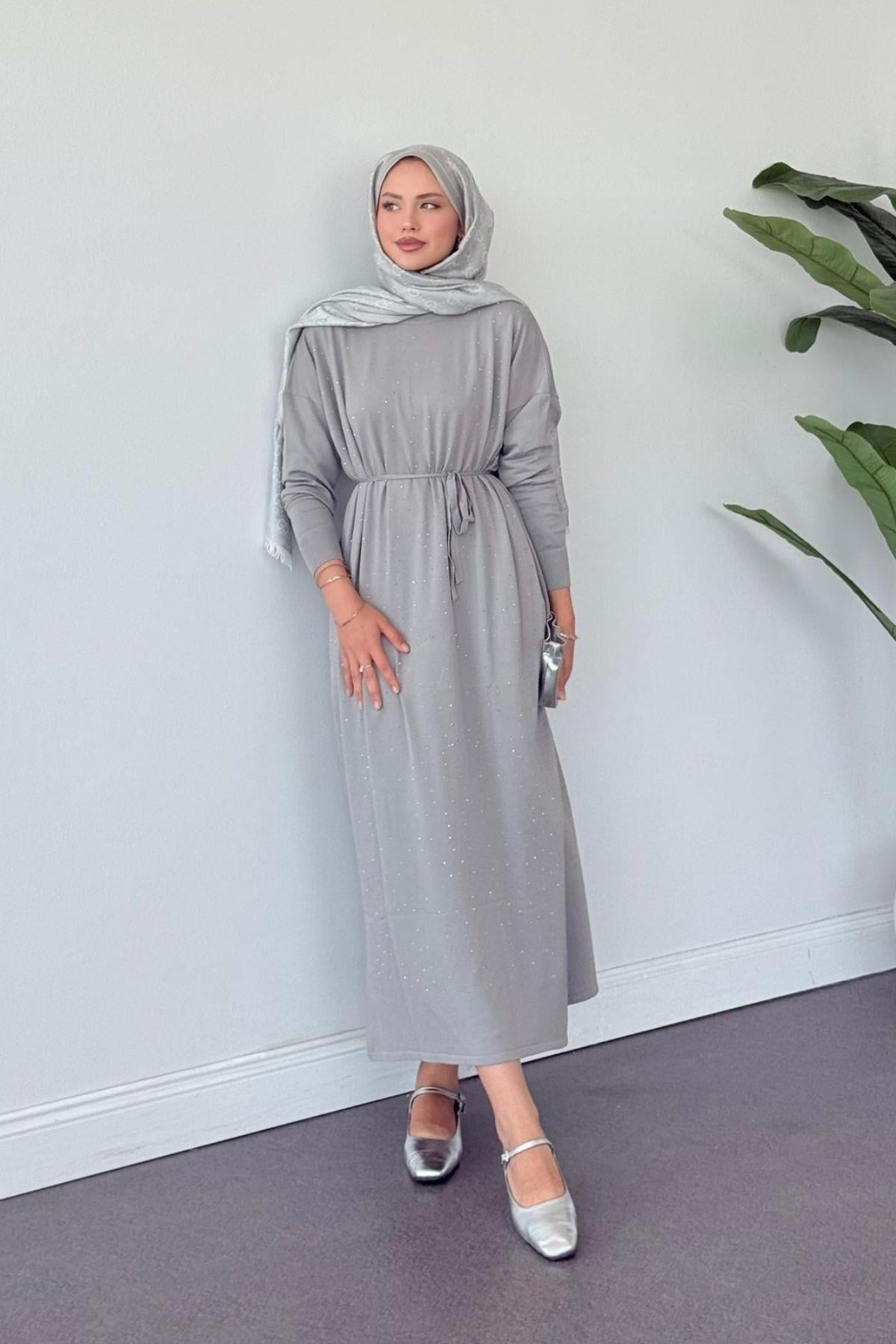 Batum Taşlı Merserize Elbise Gri, Fiyatları Batum Taşlı Merserize Elbise Gri- Haza Moda