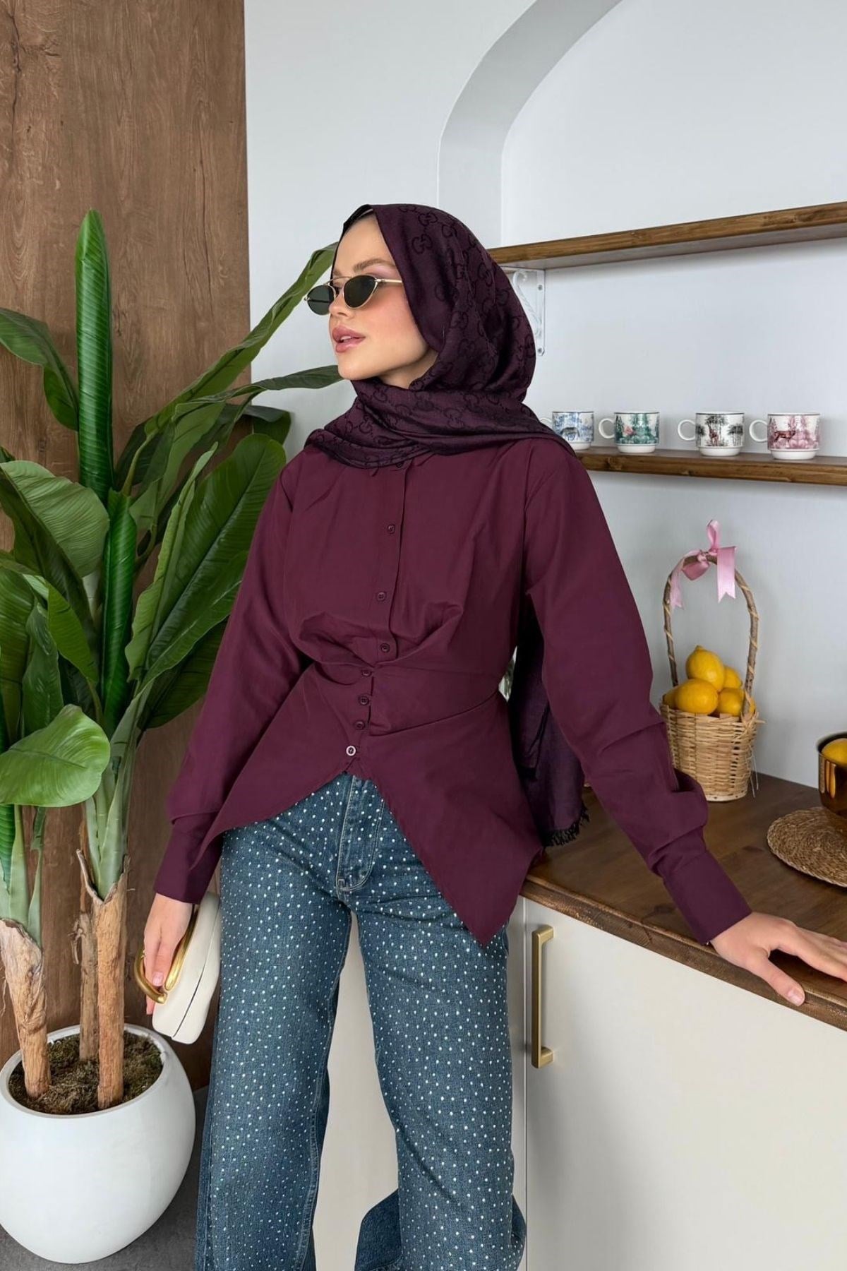 Belden Oturtmalı Poplin Gömlek Mürdüm, Fiyatları 