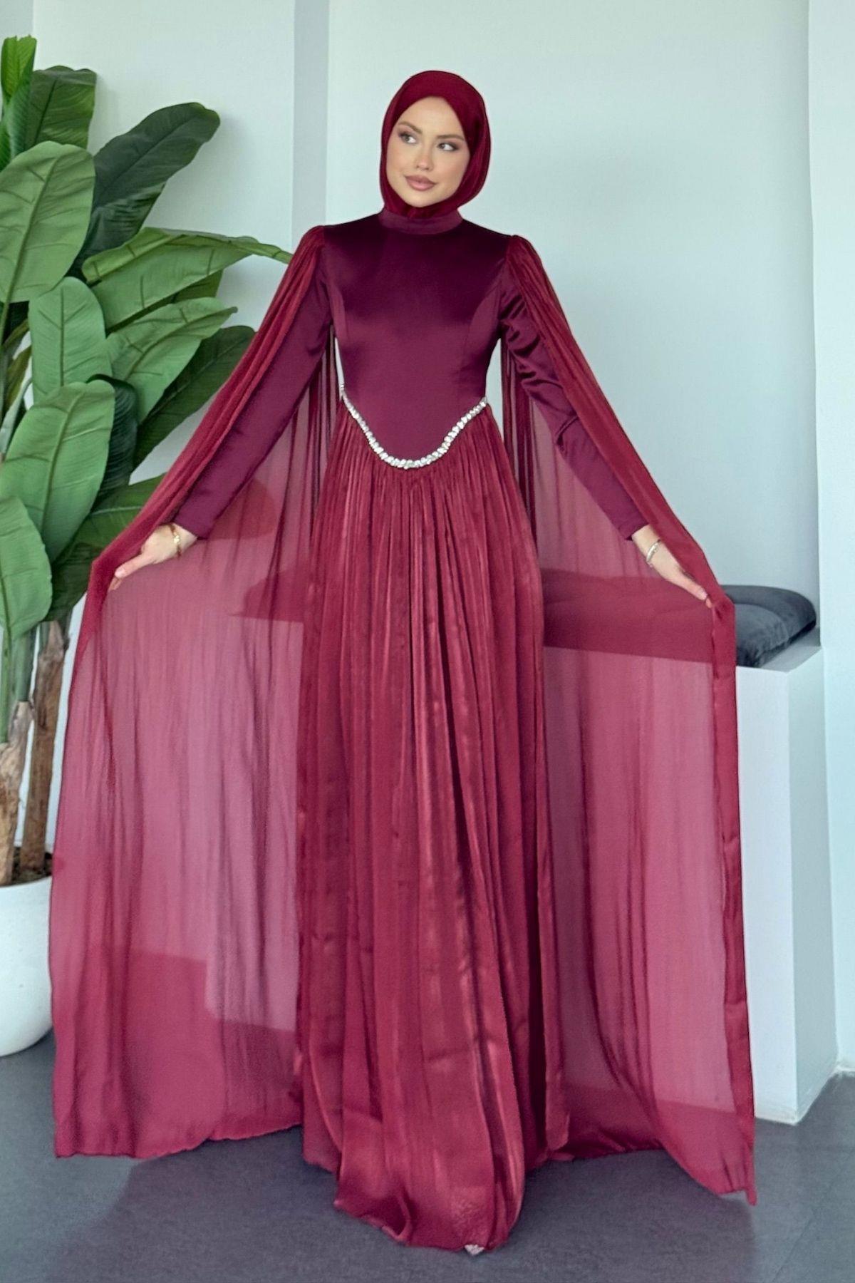 Beli Taşlı Abiye Bordo, Fiyatları Beli Taşlı Abiye Bordo | Haza Moda