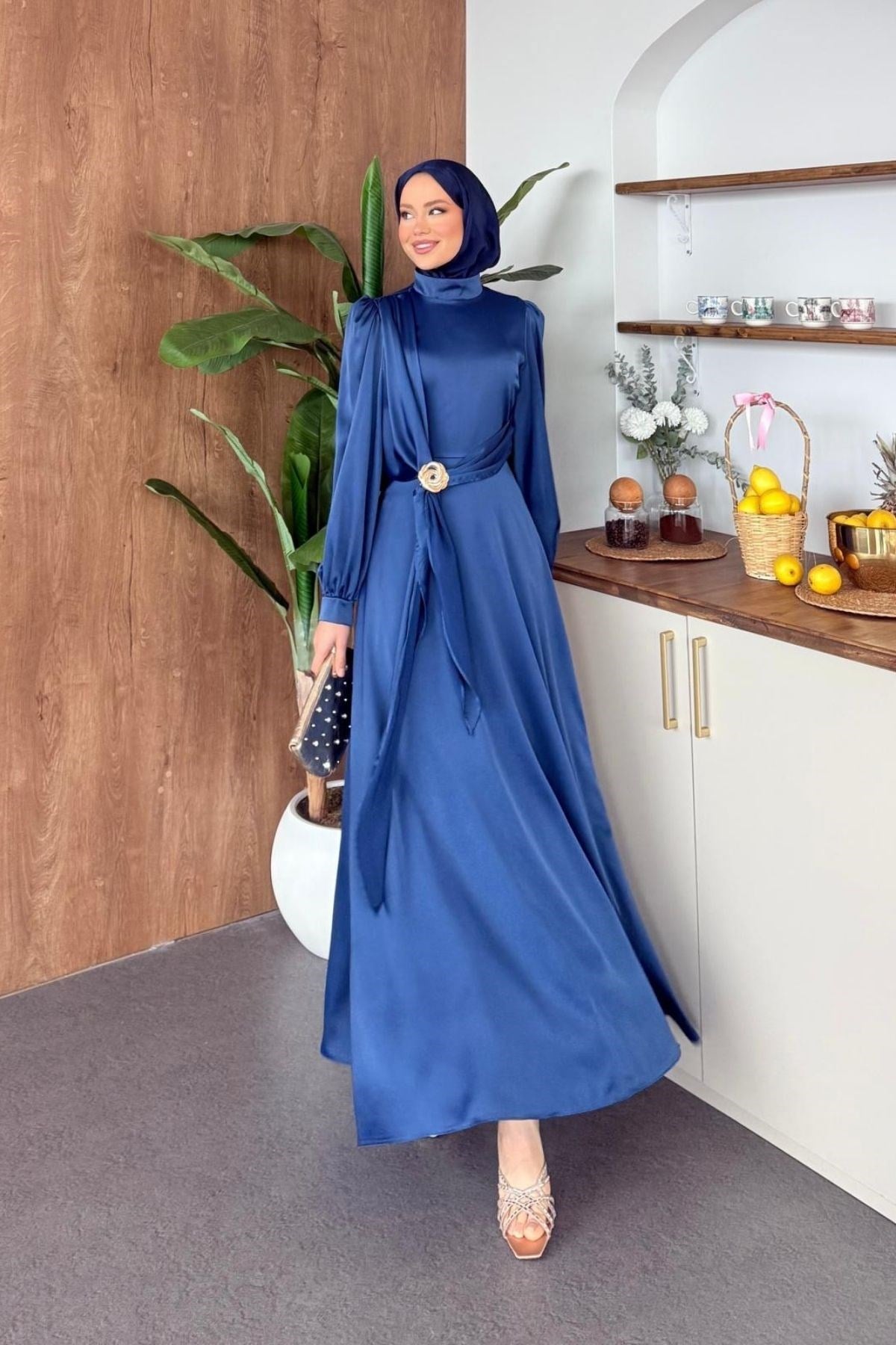 Beli Tokalı Saten Abiye Lacivert, Fiyatları 