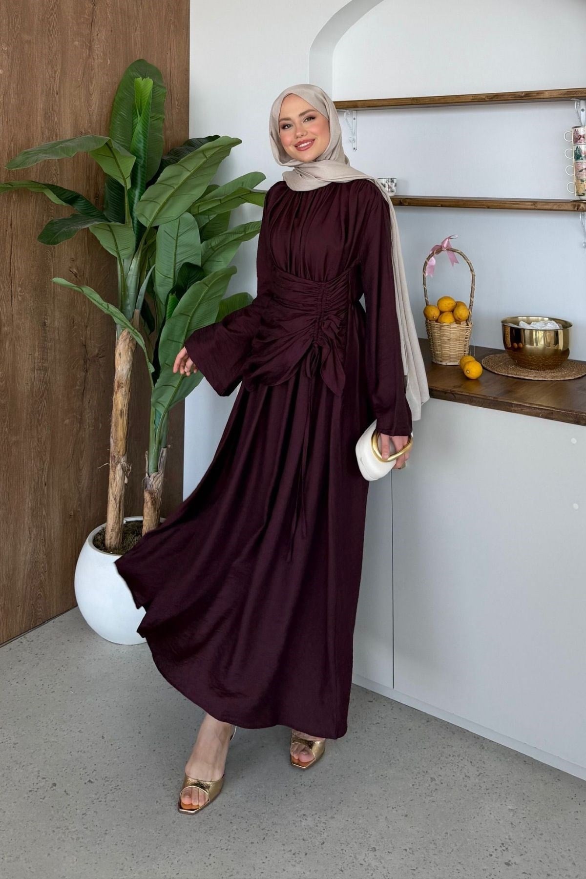 Bosna Keten Elbise Mürdüm, Fiyatları Bosna Keten Elbise Mürdüm| Haza Moda