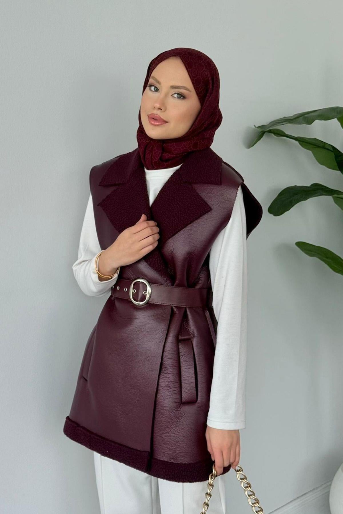 Bsf Deri Nubuk Yelek Bordo, Fiyatları Çantalı Kürklü Yelek Siyah- Haza Moda 