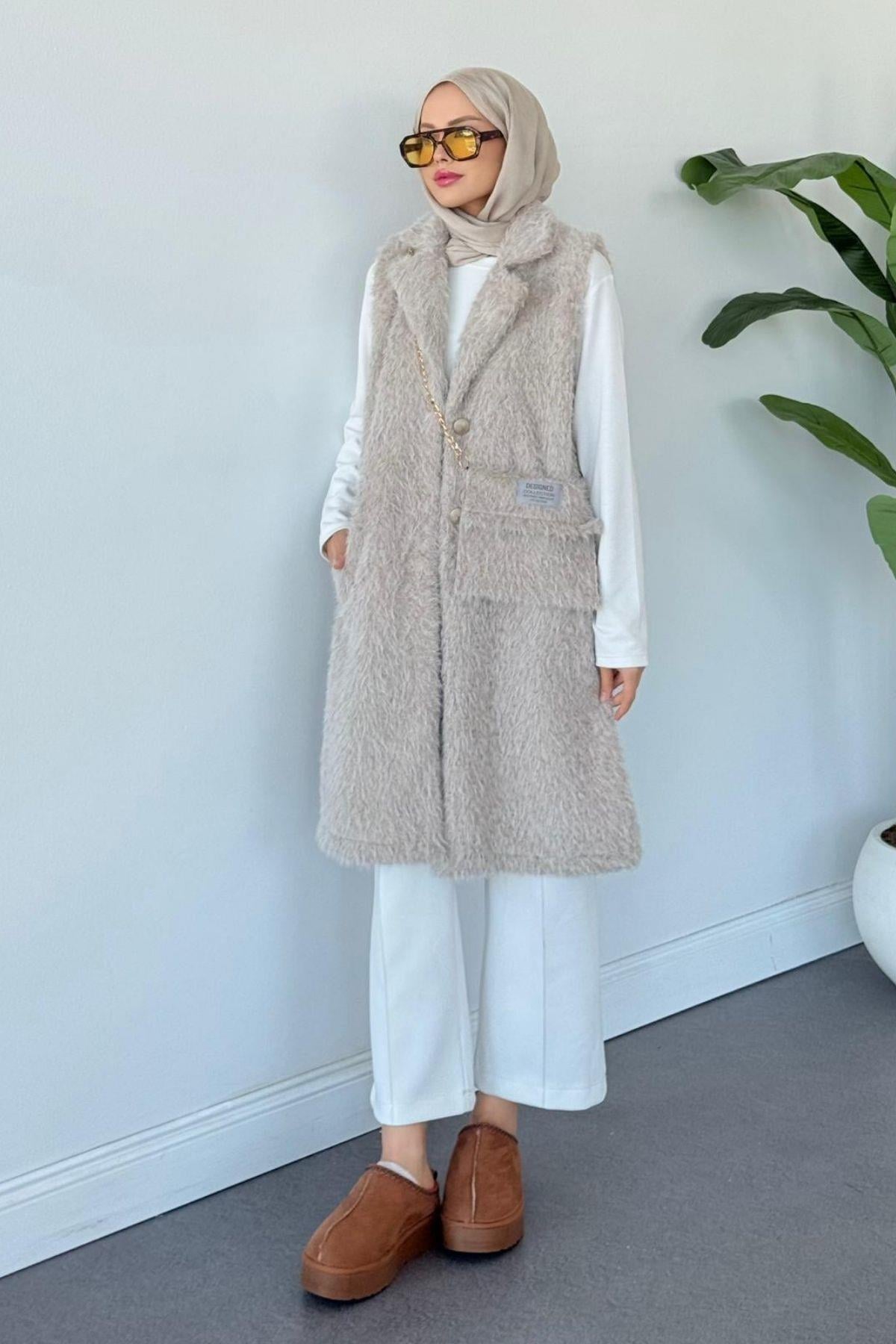 Çantalı Kürklü Yelek Bej, Fiyatları Çantalı Kürklü Yelek Bej- Haza Moda 