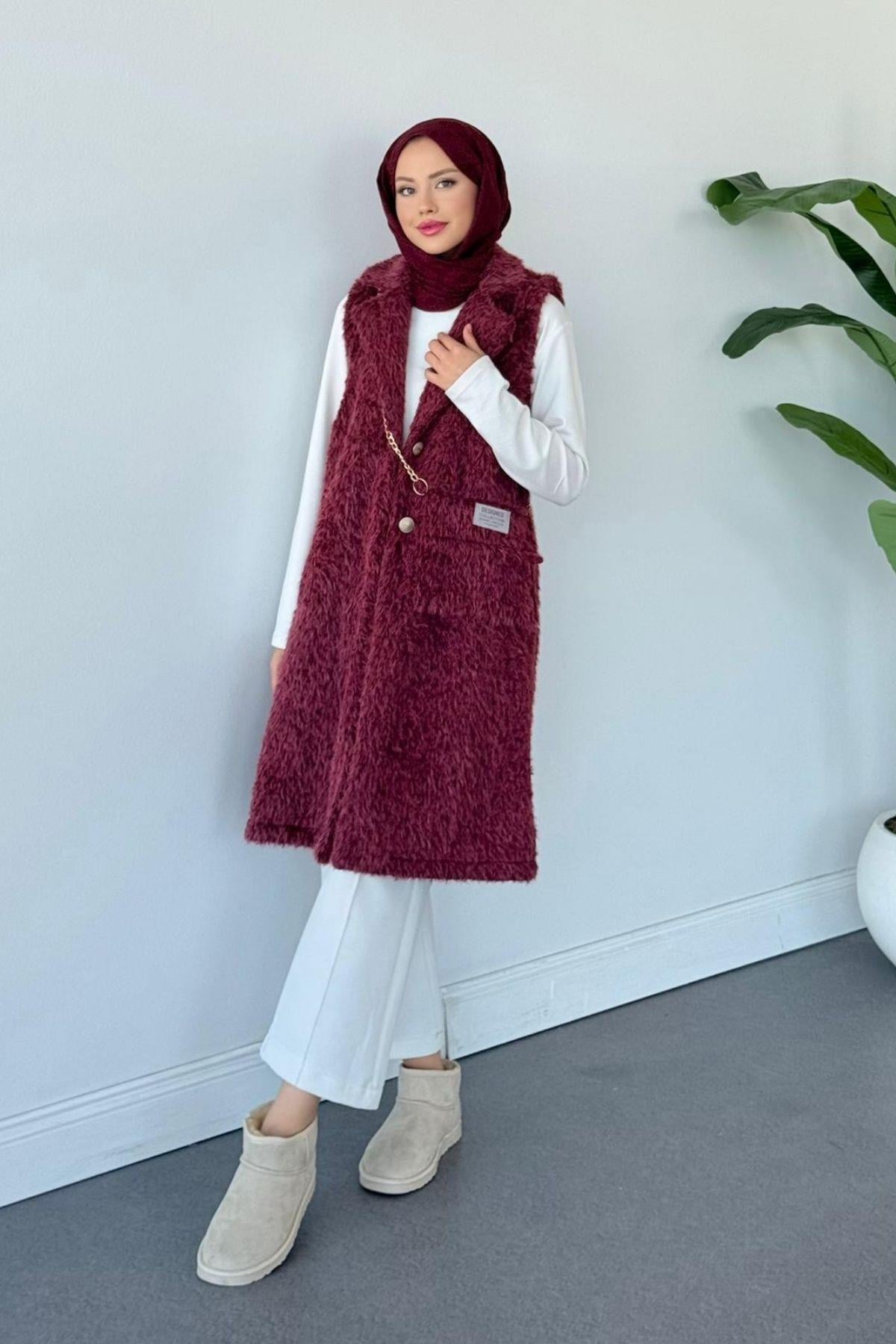 Çantalı Kürklü Yelek Bordo, Fiyatları Çantalı Kürklü Yelek Bordo- Haza Moda 