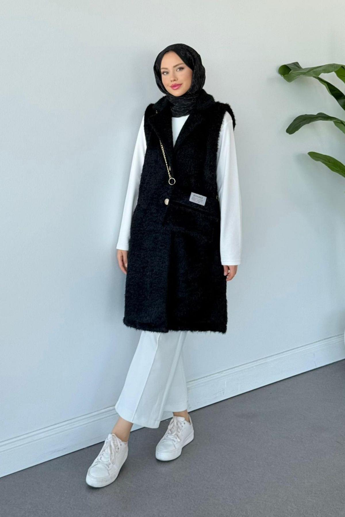 Çantalı Kürklü Yelek Siyah, Fiyatları Çantalı Kürklü Yelek Siyah- Haza Moda 