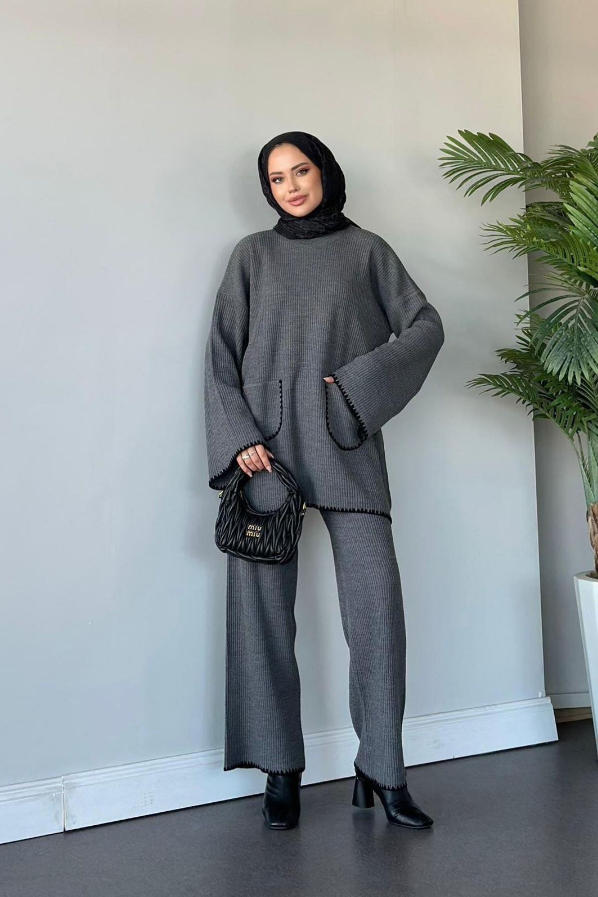 Cep Örgülü Fitilli Takım Füme, Fiyatları Cep Örgülü Fitilli Takım Füme| Haza Moda