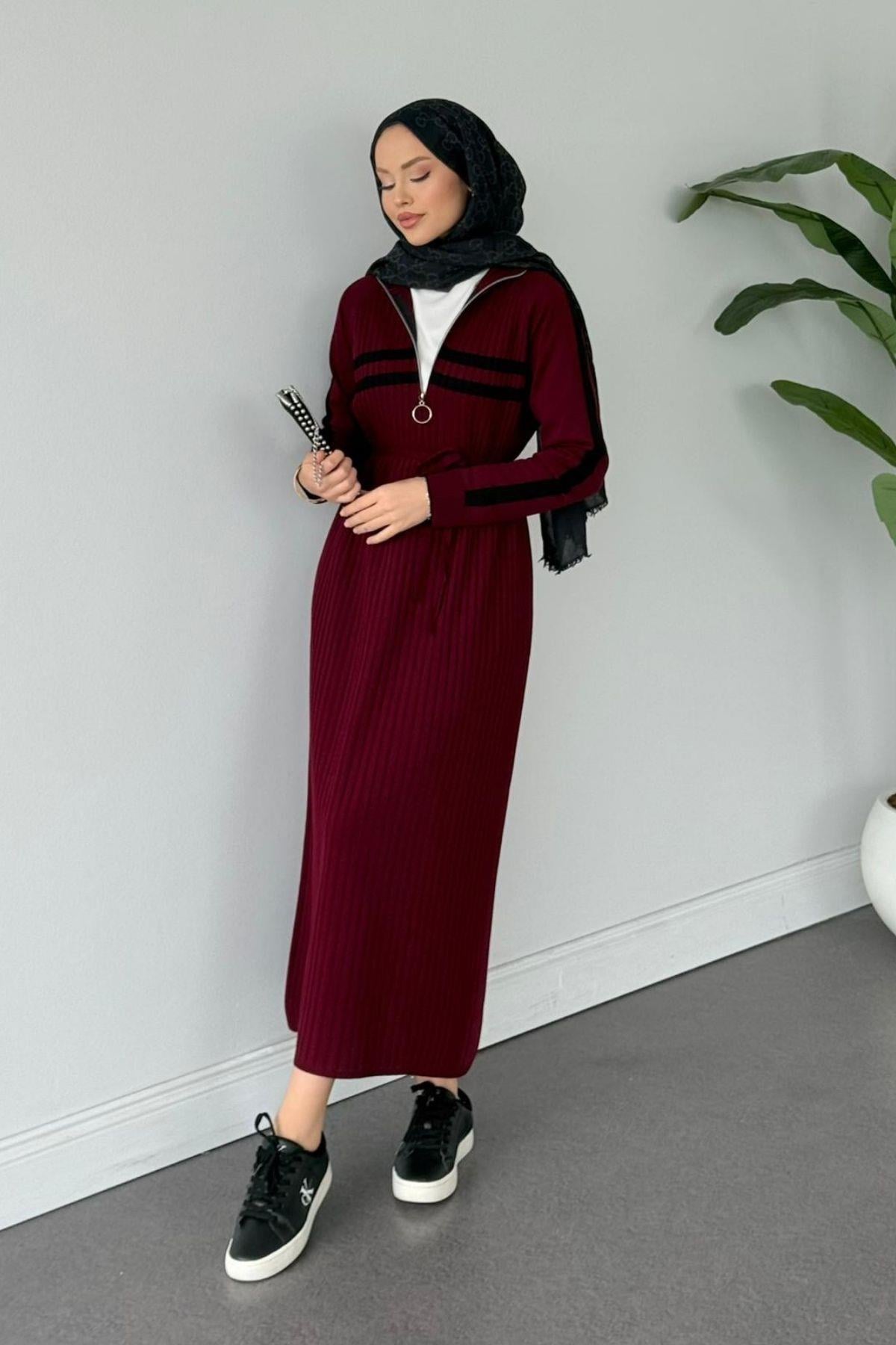 Çizgili Fitili Spor Elbise Bordo, Fiyatları Samira Kapşonlu Spor Elbise Bordo- Haza Moda