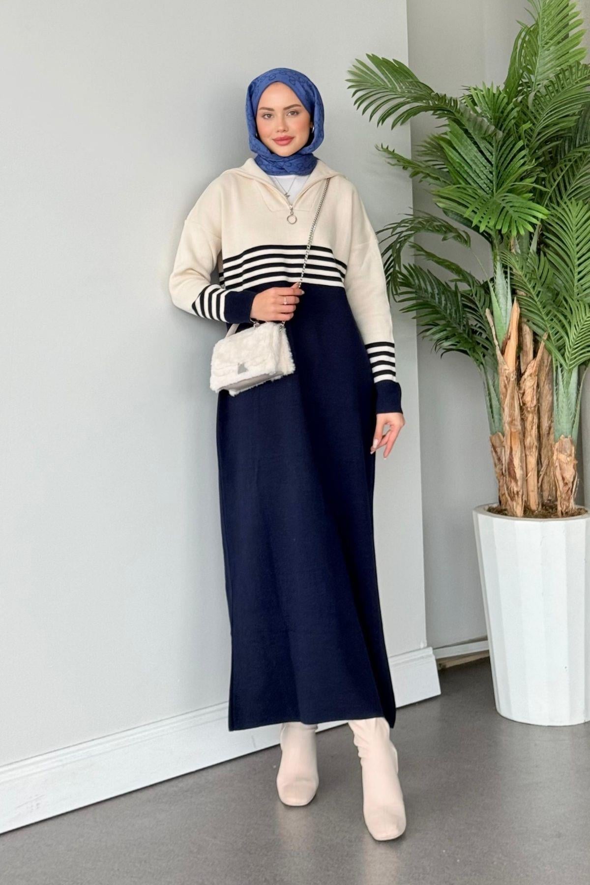 Çizgili Triko Elbise Lacivert, Fiyatları 