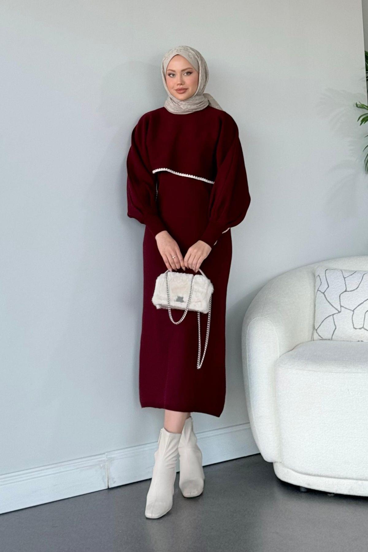 Crop Görünümlü Triko Elbise Bordo, Fiyatları Haza Moda | Tesettür Giyim | Crop Görünümlü Triko Elbise Bordo