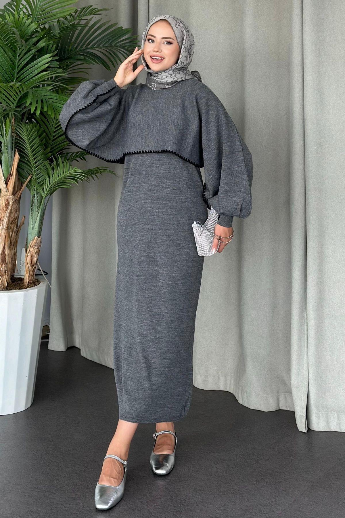 Crop Görünümlü Triko Elbise Füme, Fiyatları Haza Moda | Tesettür Giyim | Crop Görünümlü Triko Elbise Füme