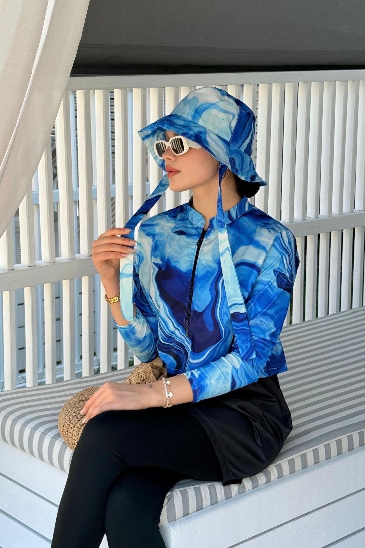 Croplu Tesettür Mayo Takım Mavi, Fiyatları Croplu Tesettür Mayo Takım Mavi – Haza Moda | Tesettür Giyim