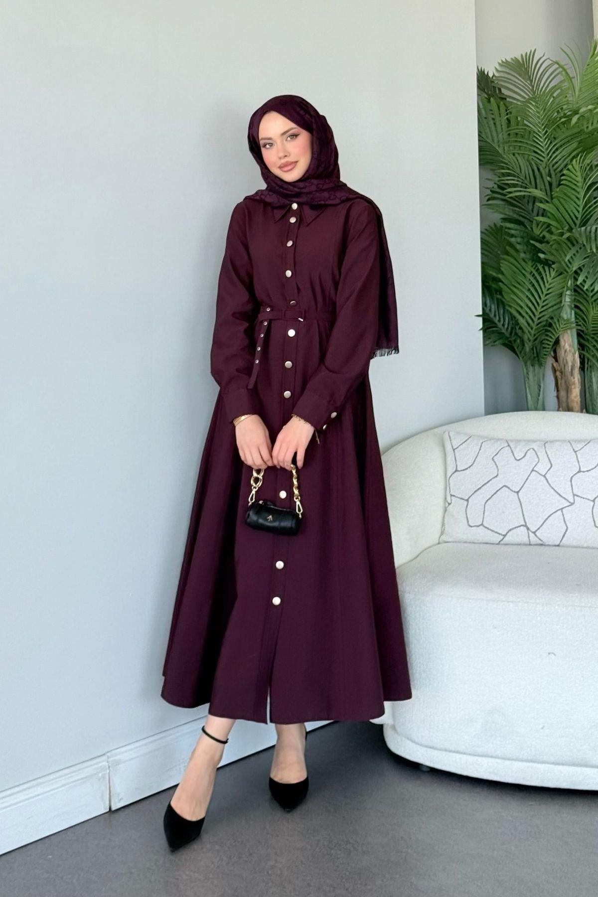 Dalyan Kemerli Elbise Mürdüm, Fiyatları Dalyan Kemerli Elbise Mürdüm- Haza Moda