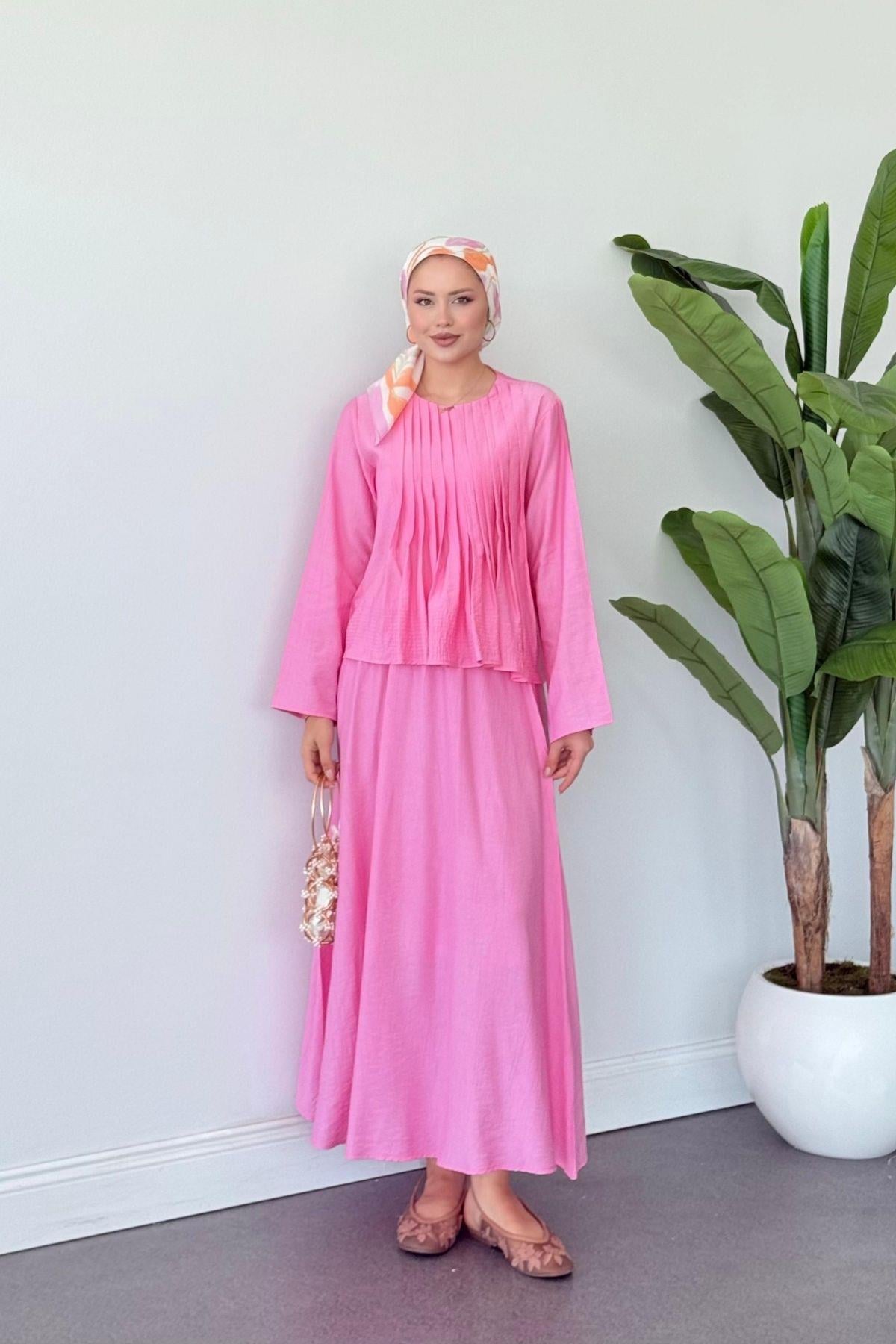 Defne Etekli Takım Pembe, Fiyatları Defne Etekli Takım Pembe- Haza Moda 