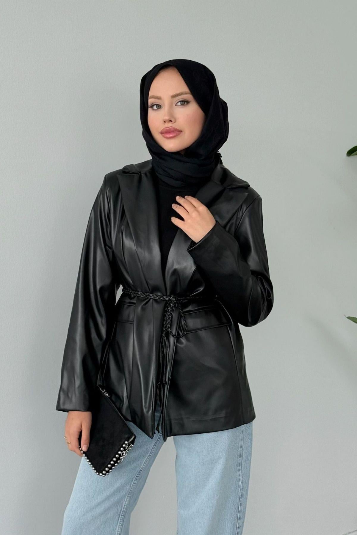 Demi Deri Blazer Ceket Siyah, Fiyatları Demi Deri Blazer Ceket Siyah- Haza Moda 